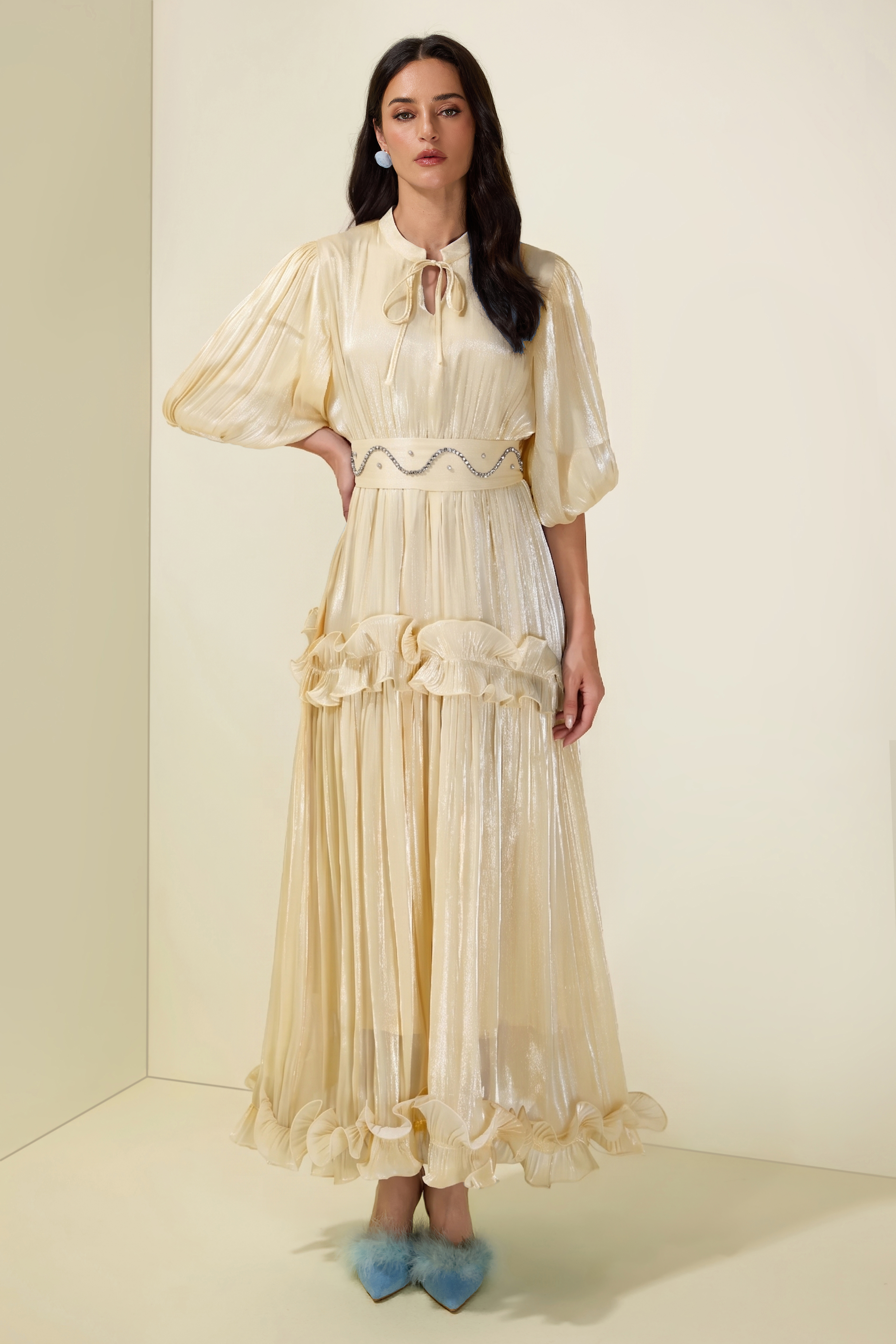 Rhinestone Rivets  Frill Puff Sleeve Midi Dress