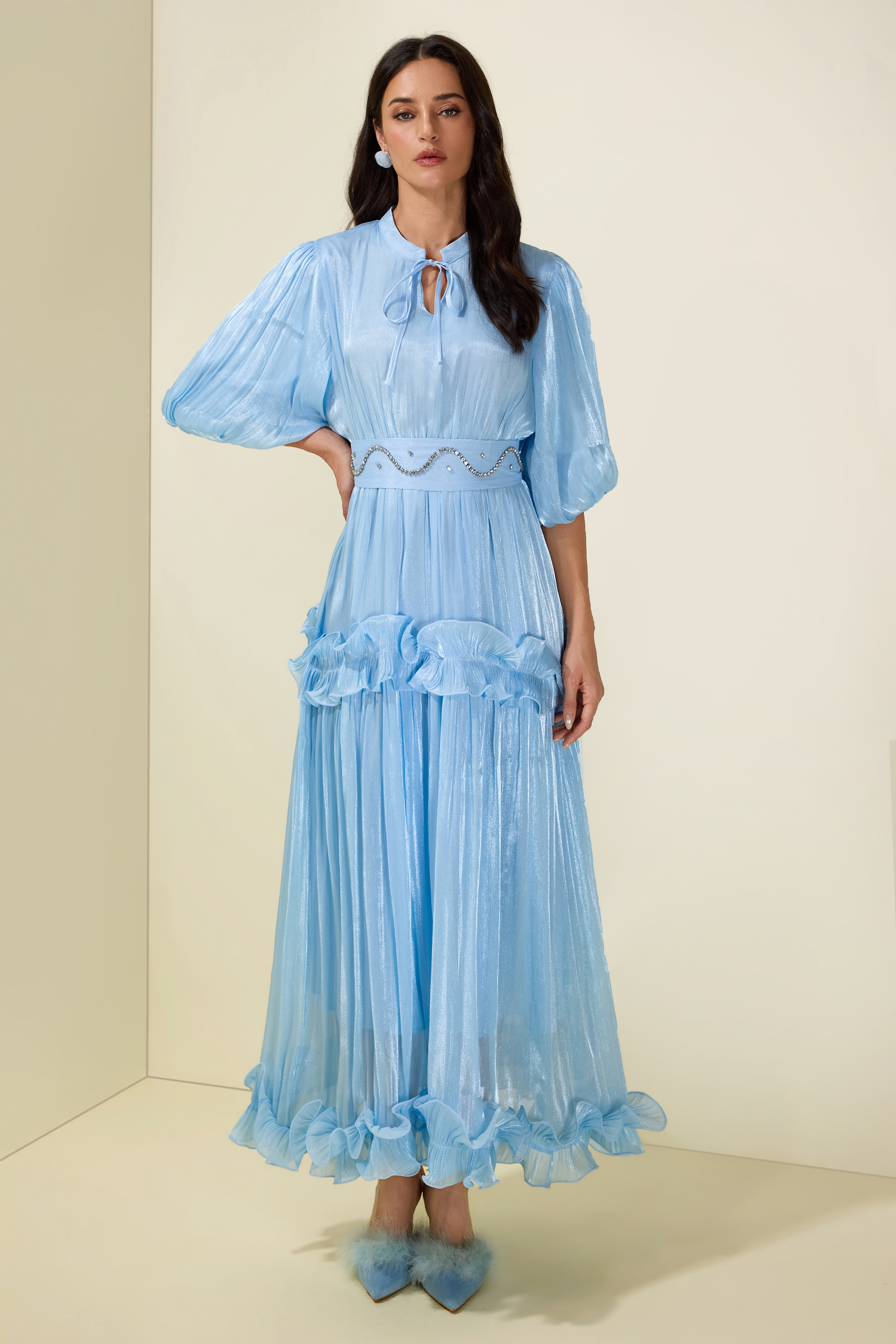 Rhinestone Rivets  Frill Puff Sleeve Midi Dress