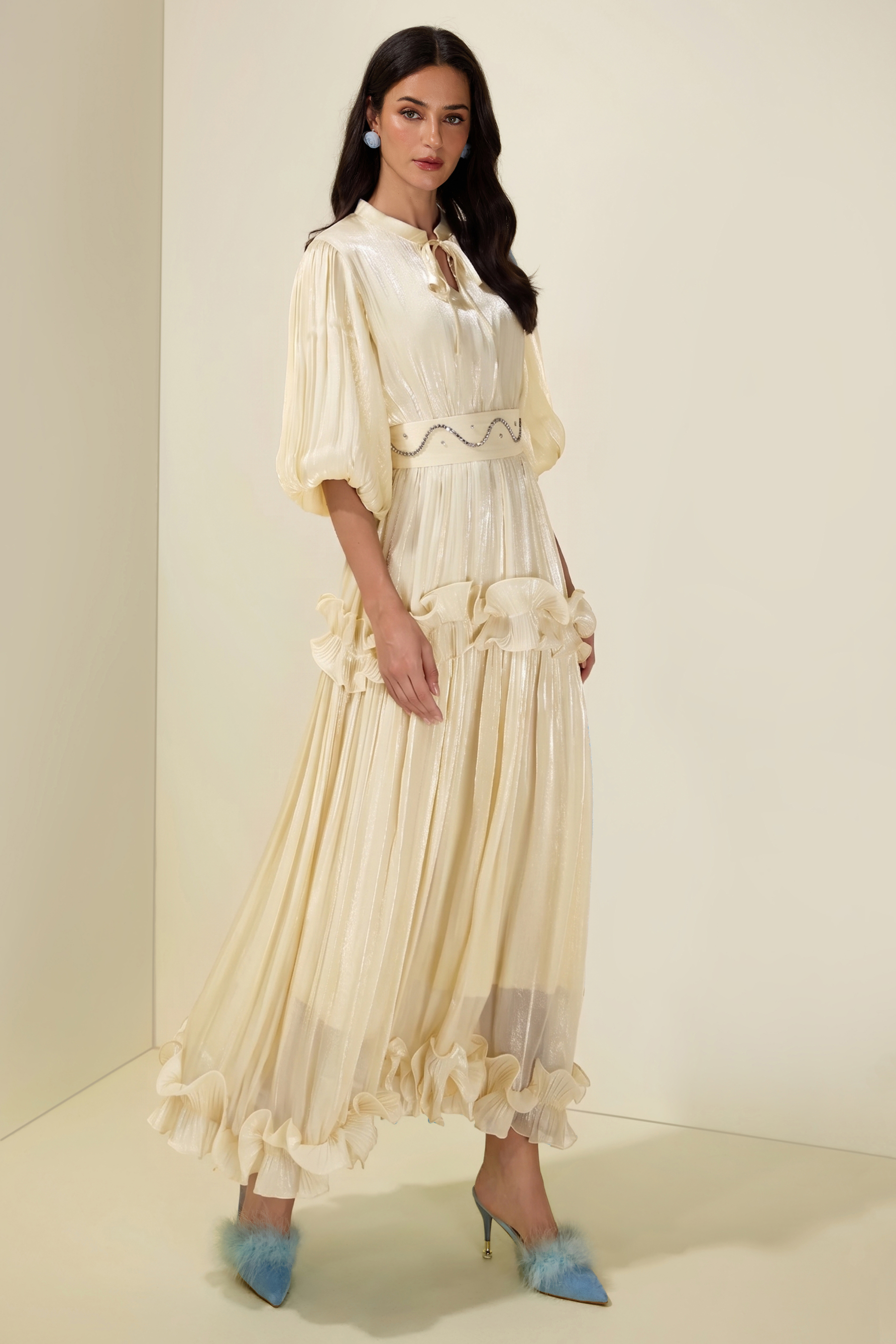 Rhinestone Rivets  Frill Puff Sleeve Midi Dress