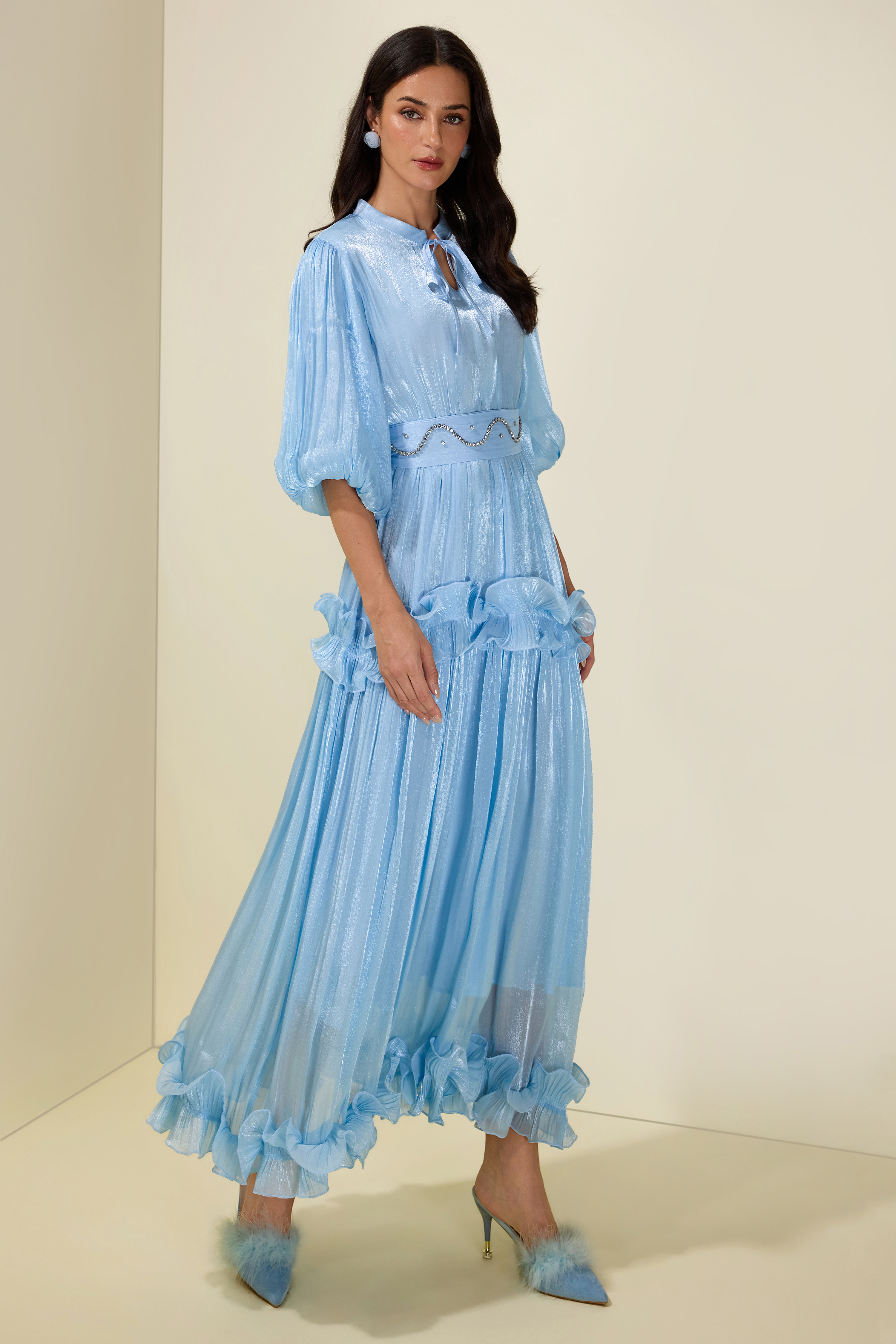 Rhinestone Rivets  Frill Puff Sleeve Midi Dress
