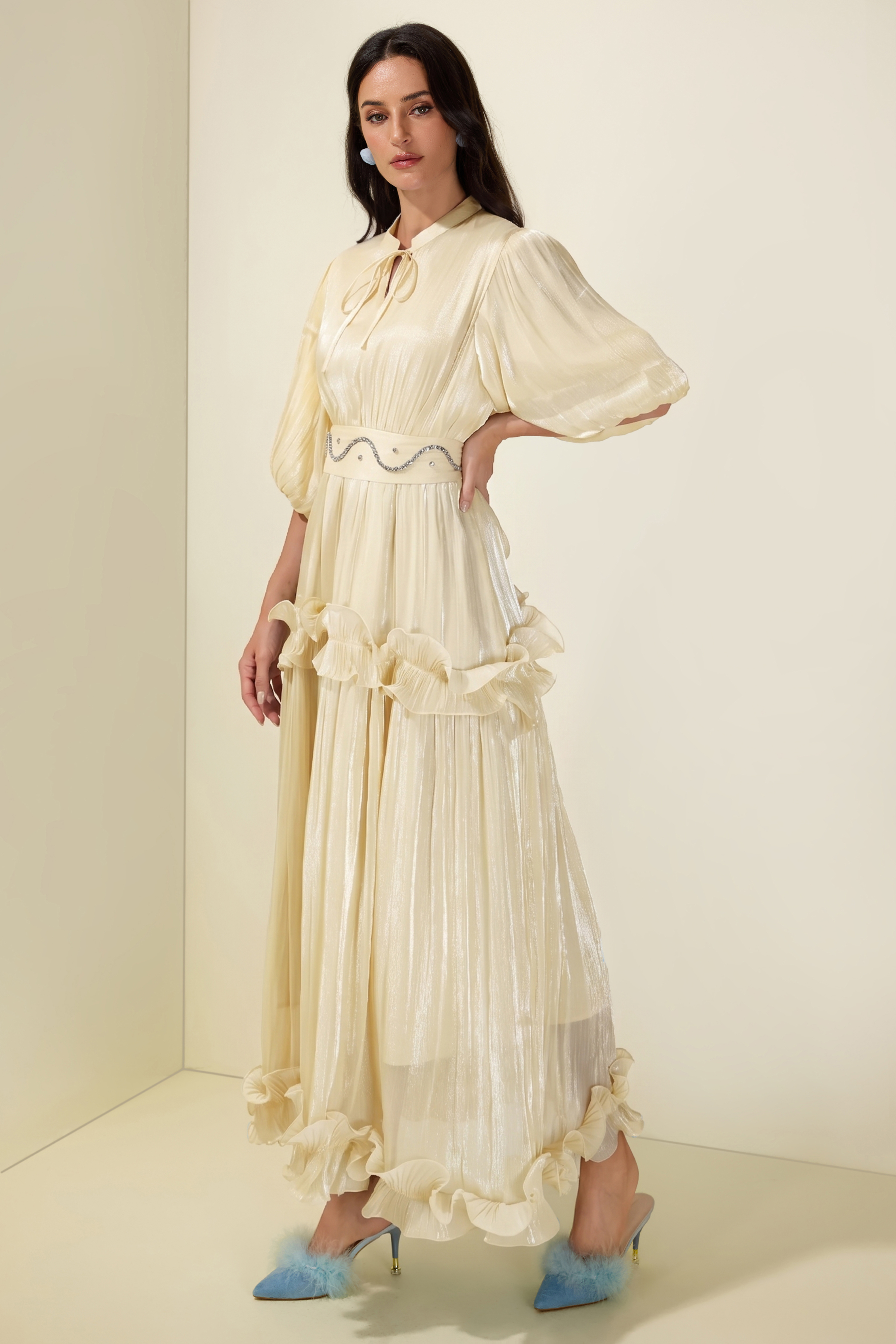 Rhinestone Rivets  Frill Puff Sleeve Midi Dress