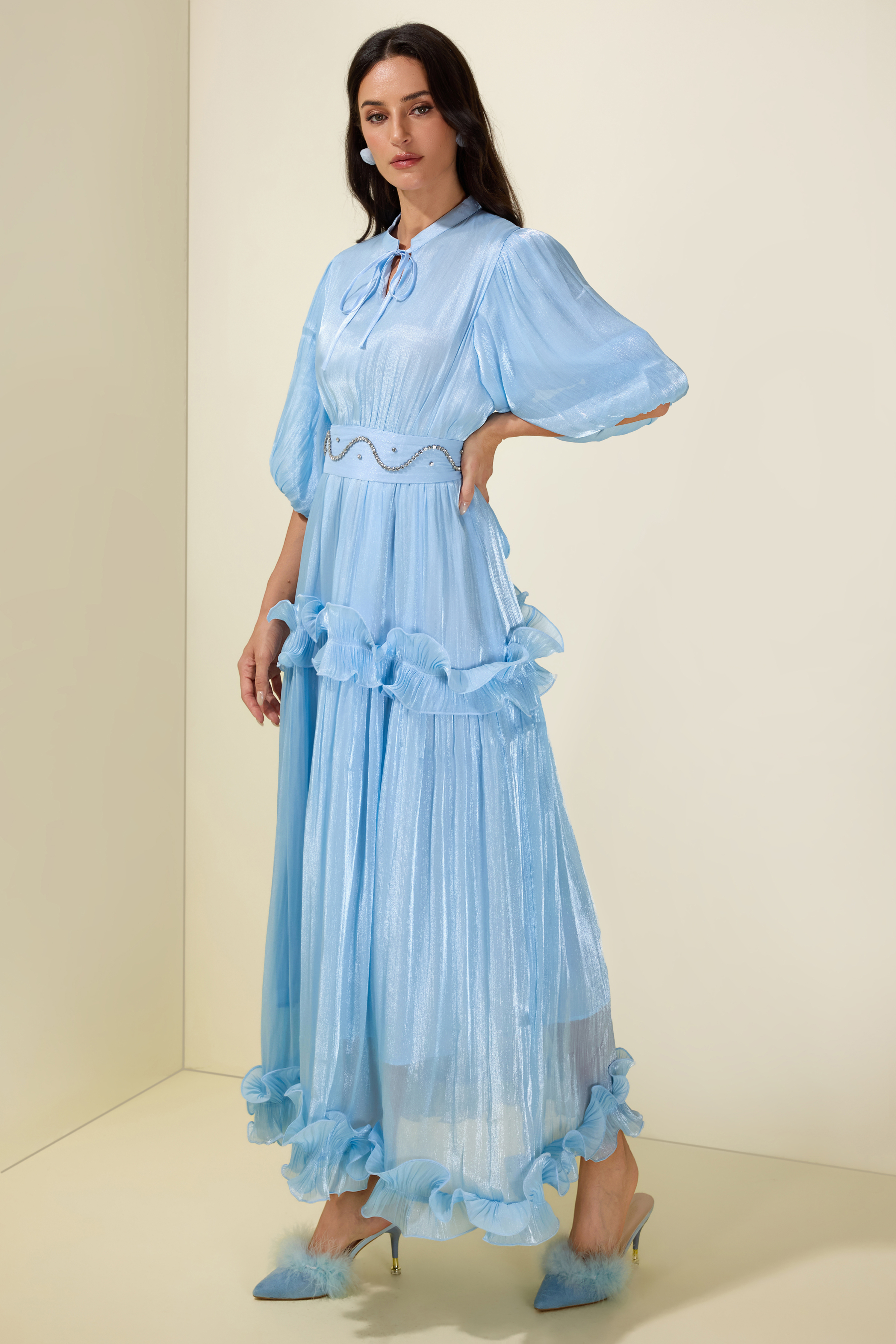 Rhinestone Rivets  Frill Puff Sleeve Midi Dress