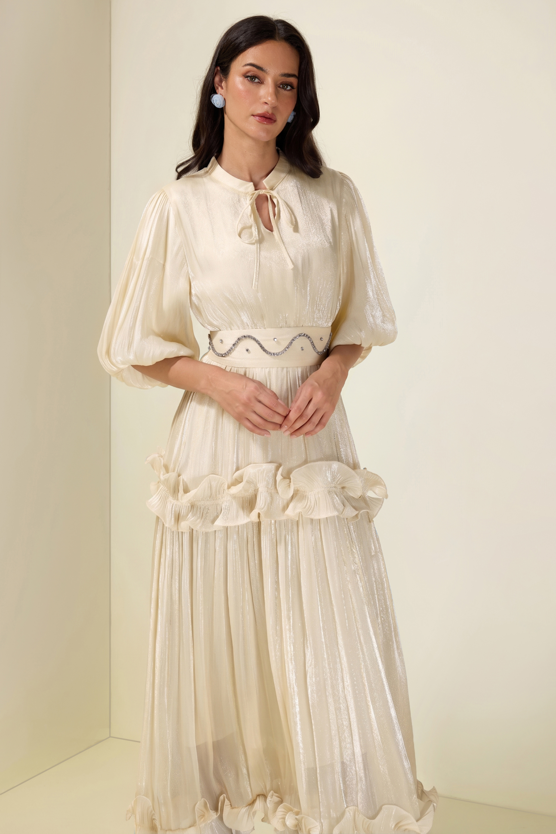 Rhinestone Rivets  Frill Puff Sleeve Midi Dress