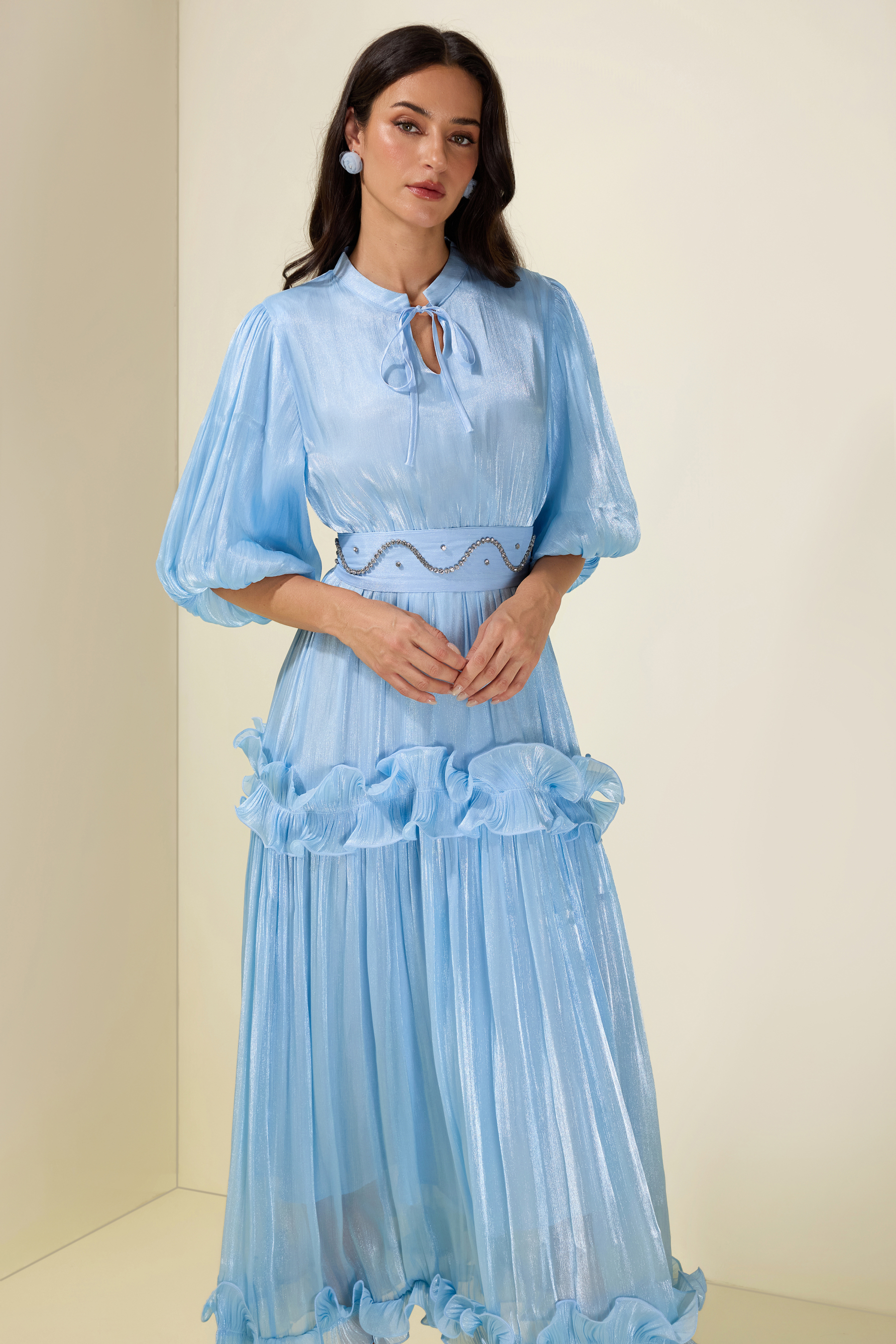 Rhinestone Rivets  Frill Puff Sleeve Midi Dress