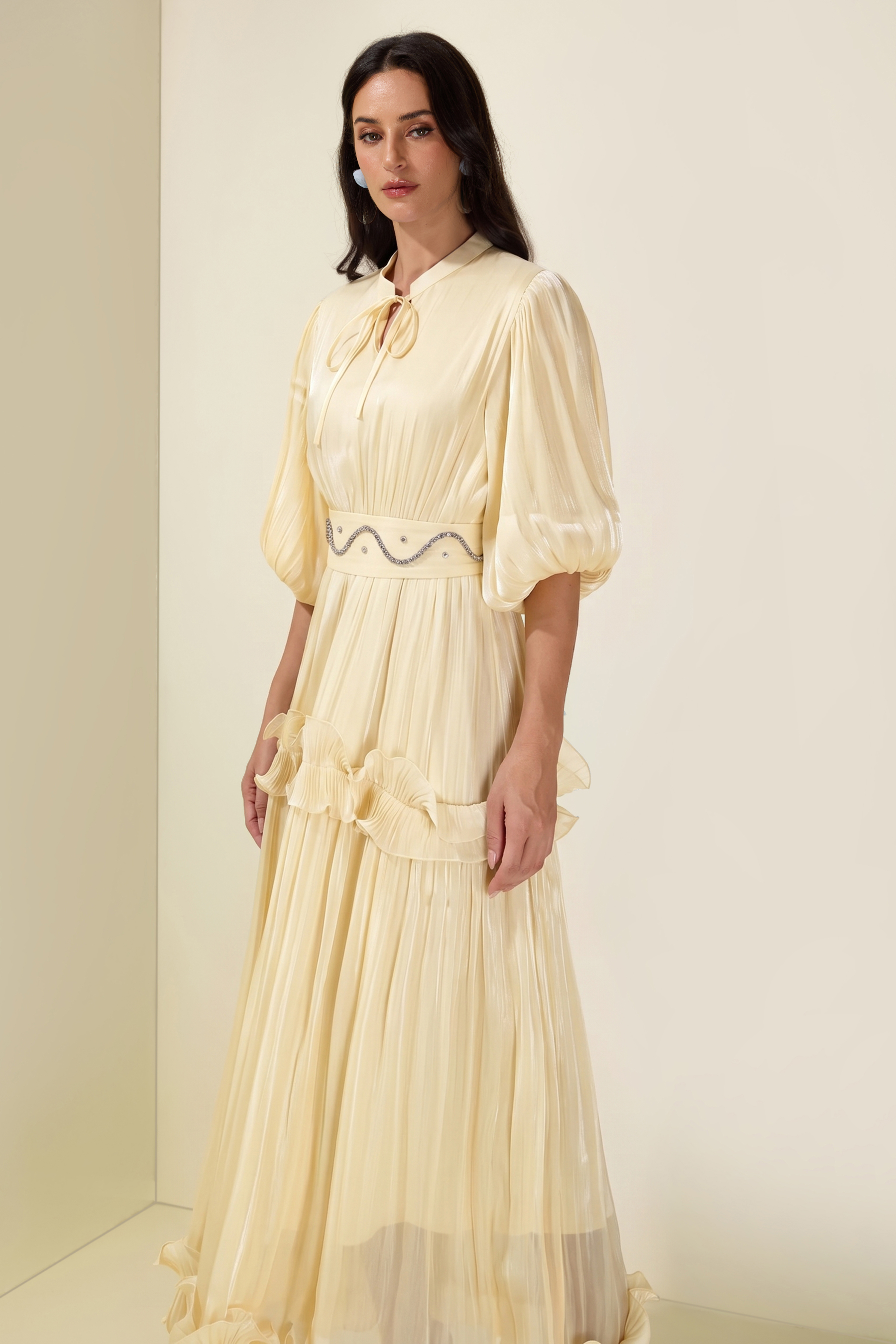 Rhinestone Rivets  Frill Puff Sleeve Midi Dress