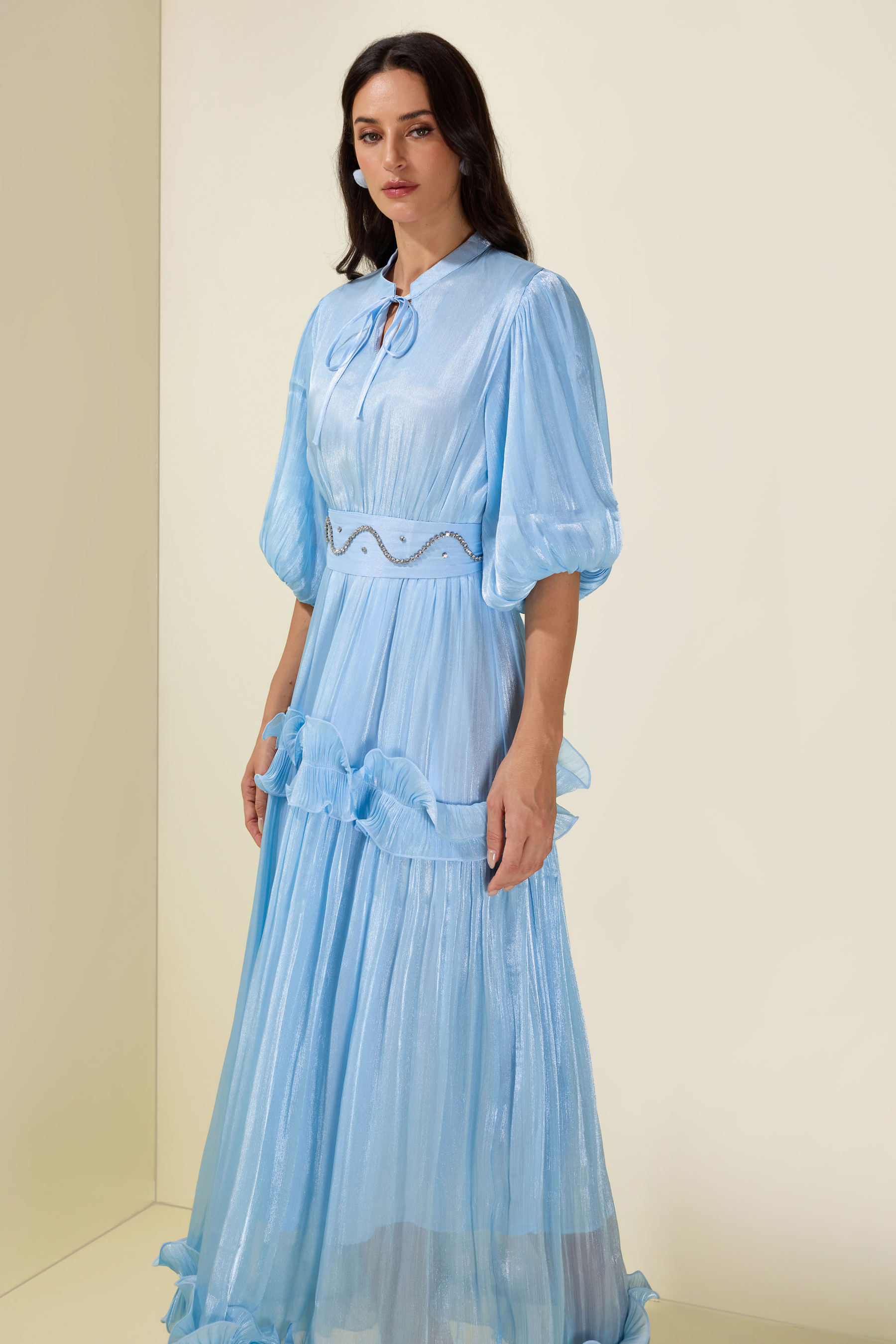 Rhinestone Rivets  Frill Puff Sleeve Midi Dress