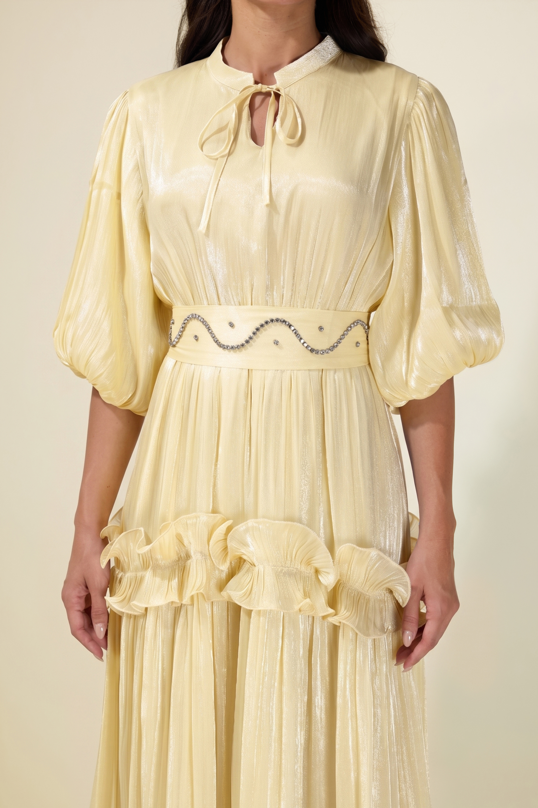 Rhinestone Rivets  Frill Puff Sleeve Midi Dress