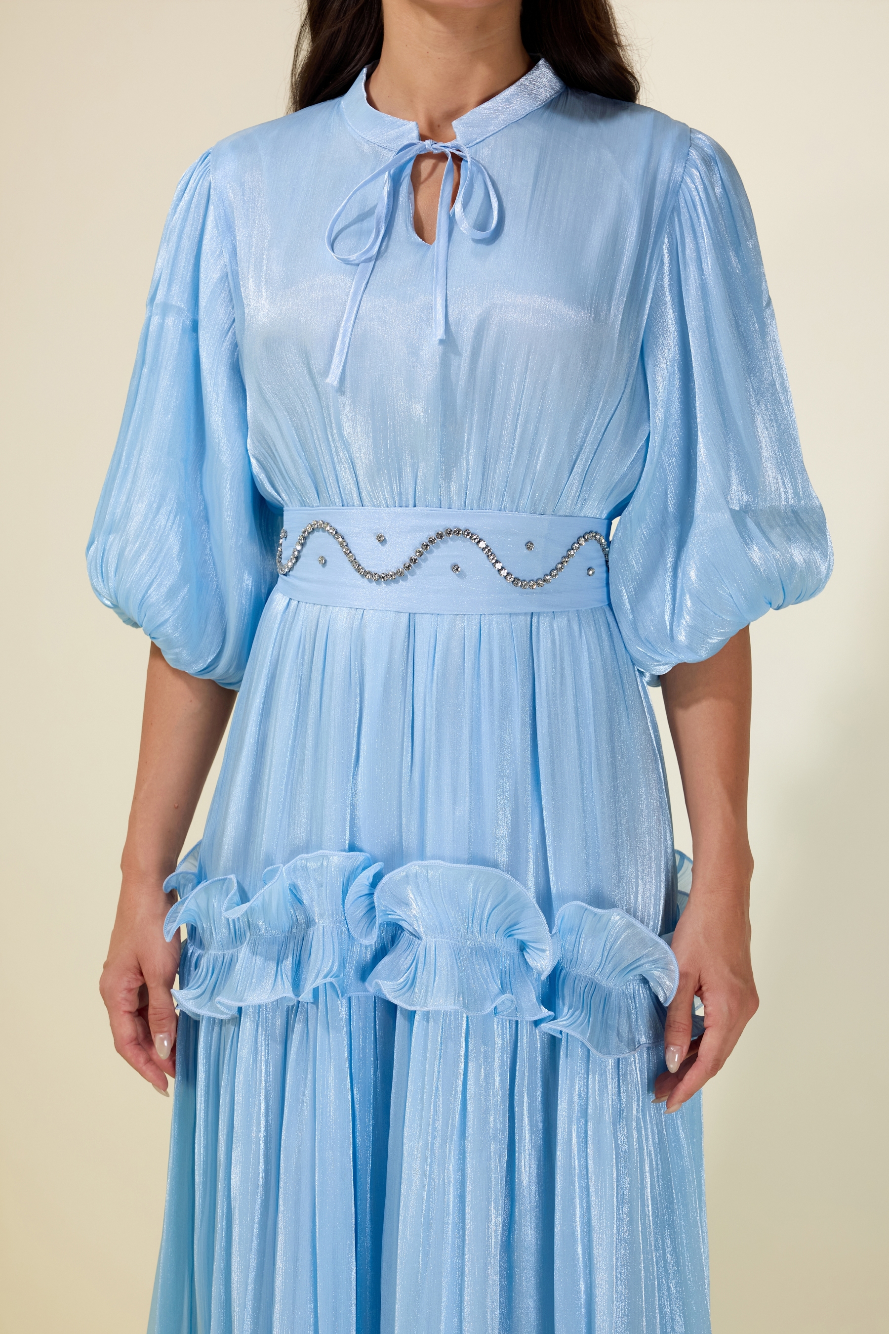 Rhinestone Rivets  Frill Puff Sleeve Midi Dress