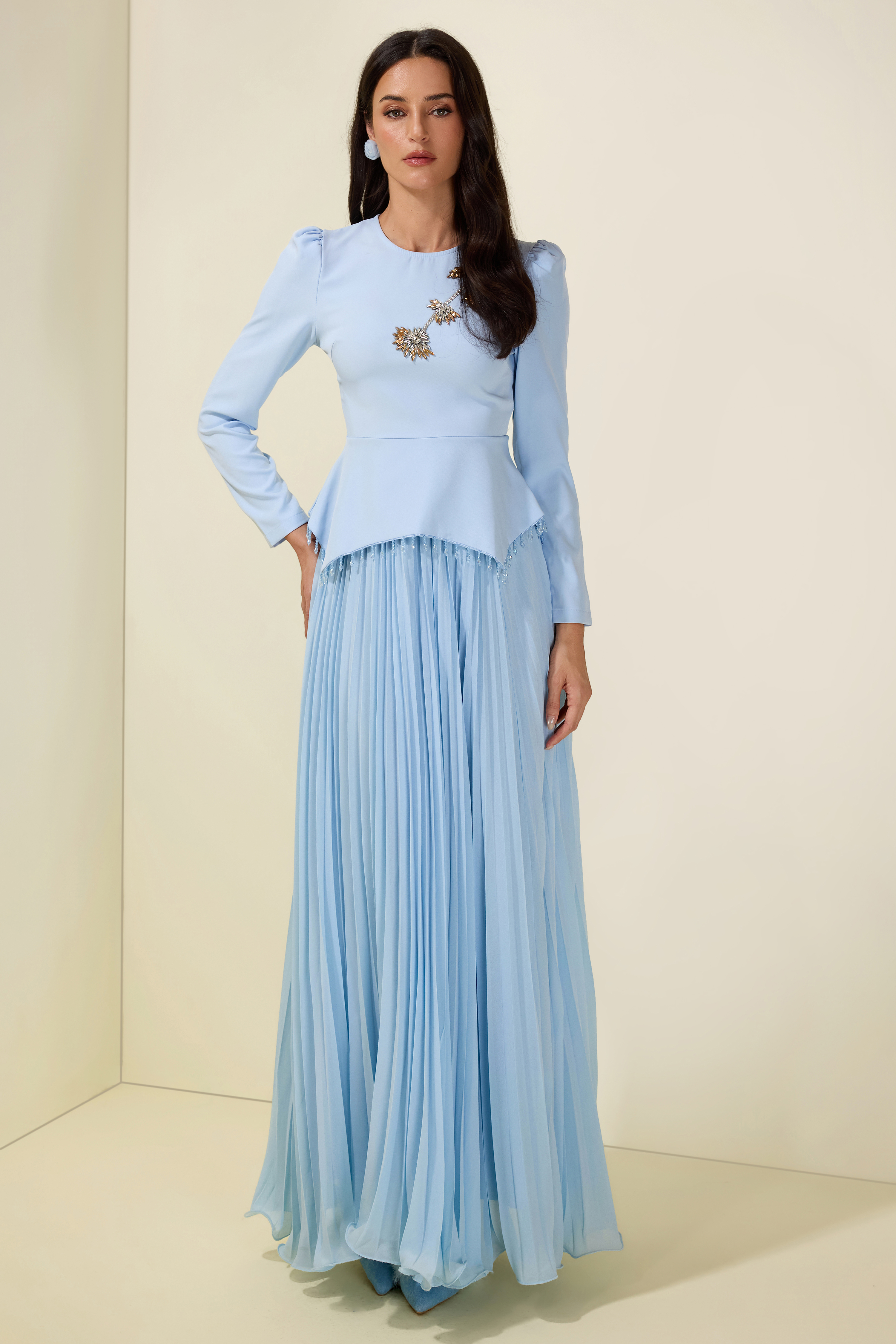 Beaded Tassels Top & High Waist Pleated Midi Skirt Set