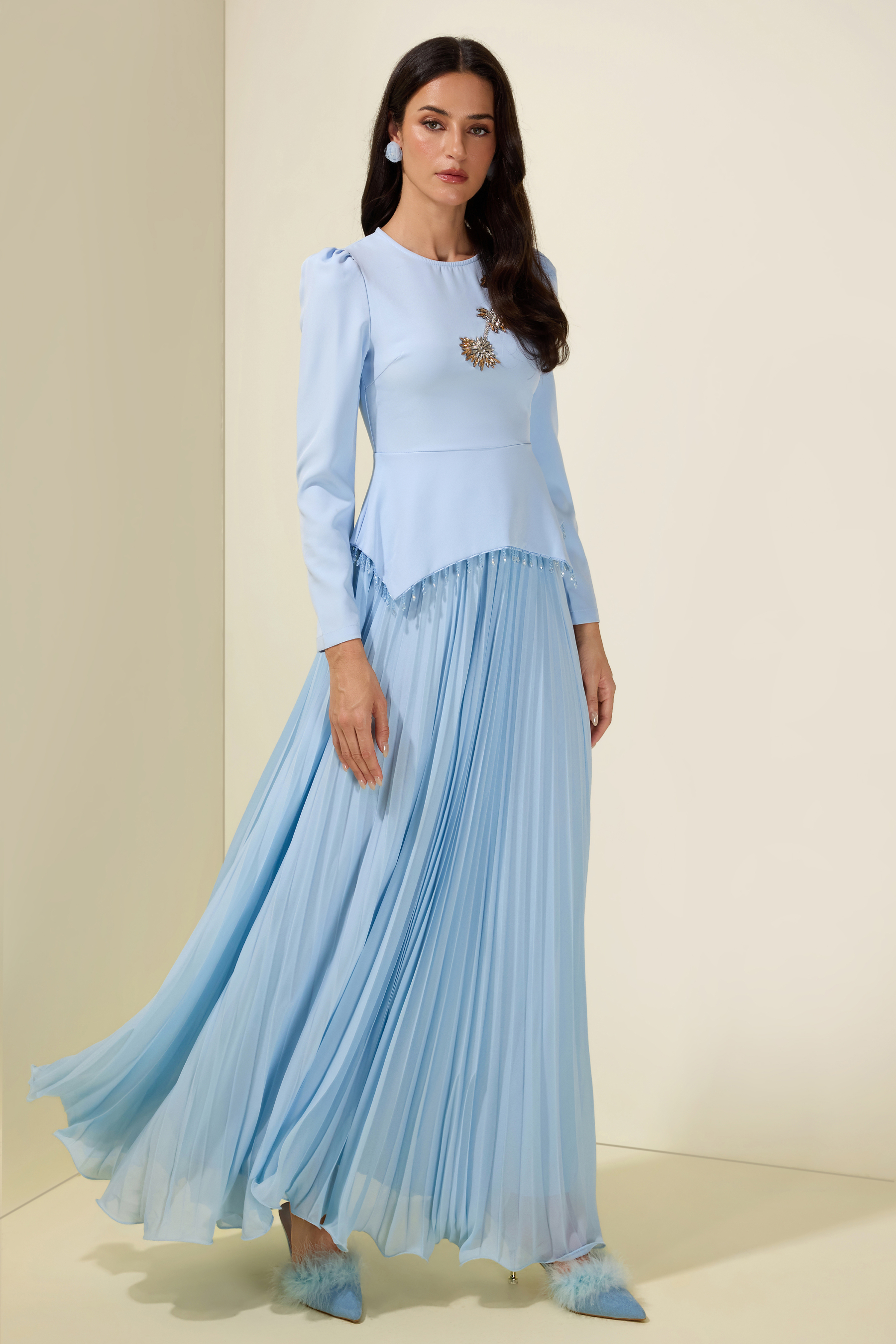 Beaded Tassels Top & High Waist Pleated Midi Skirt Set
