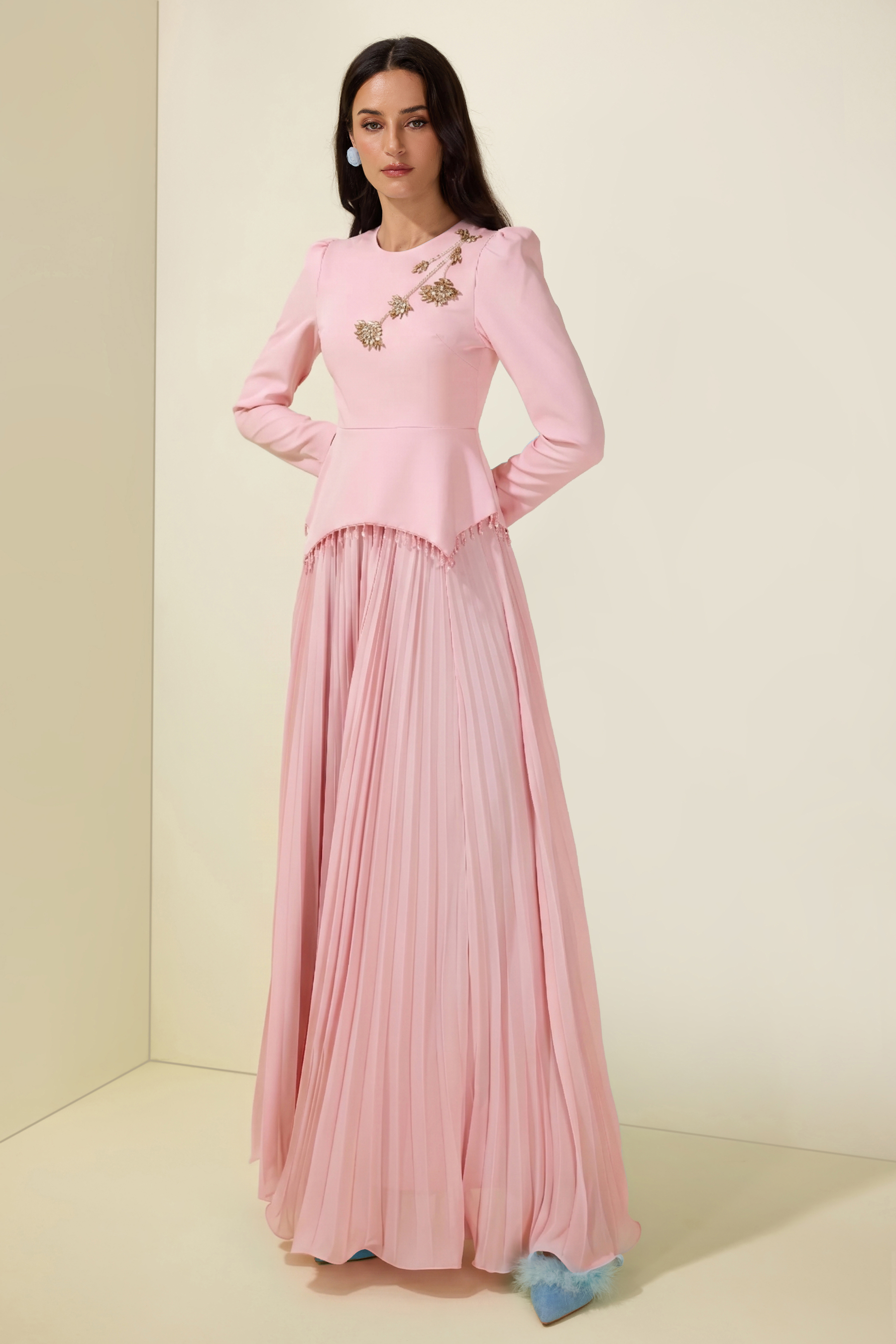 Beaded Tassels Top & High Waist Pleated Midi Skirt Set