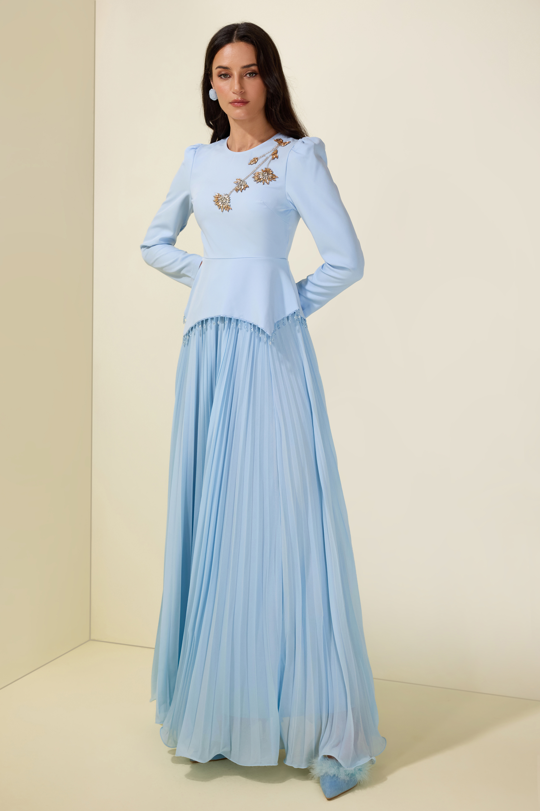 Beaded Tassels Top & High Waist Pleated Midi Skirt Set