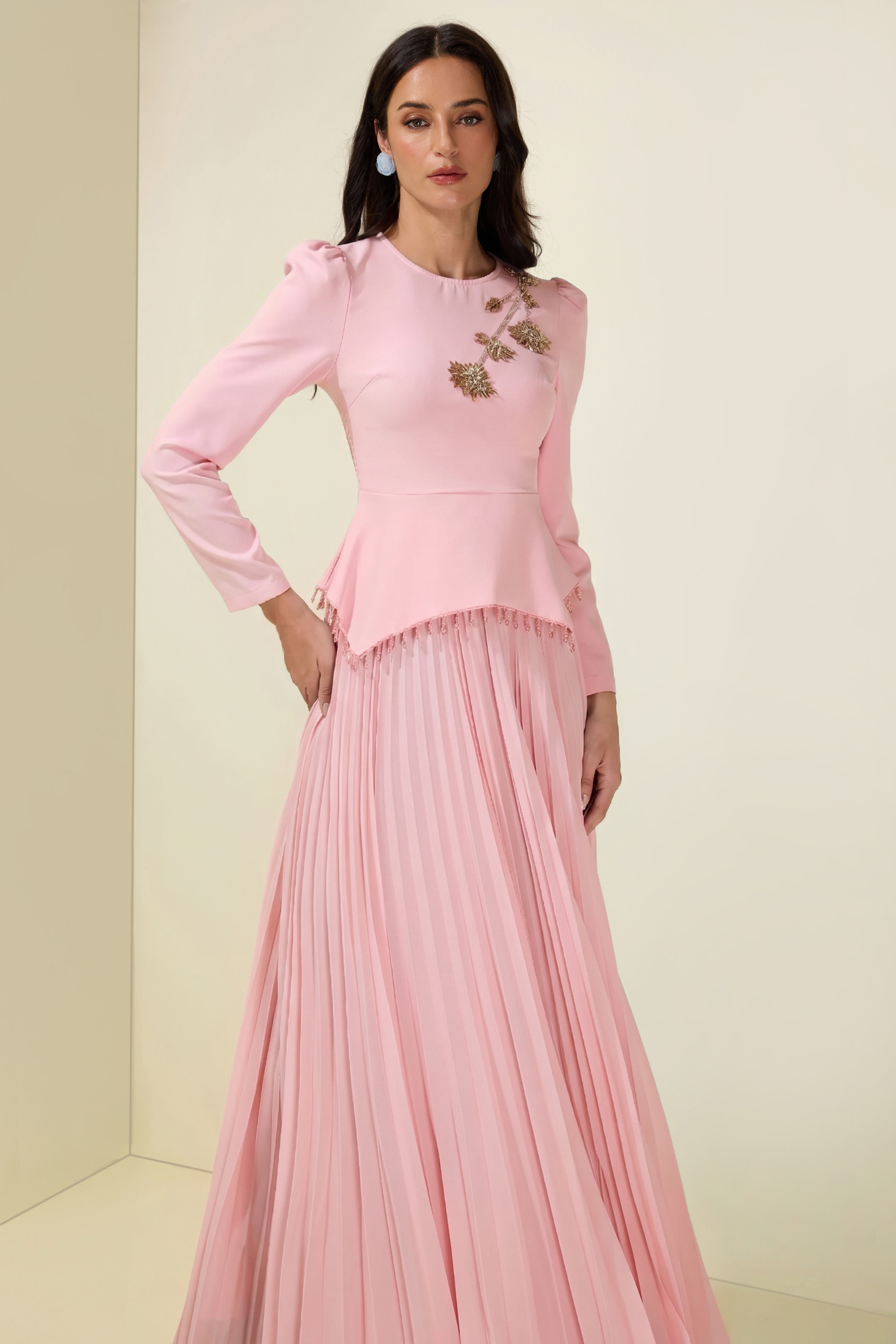 Beaded Tassels Top & High Waist Pleated Midi Skirt Set