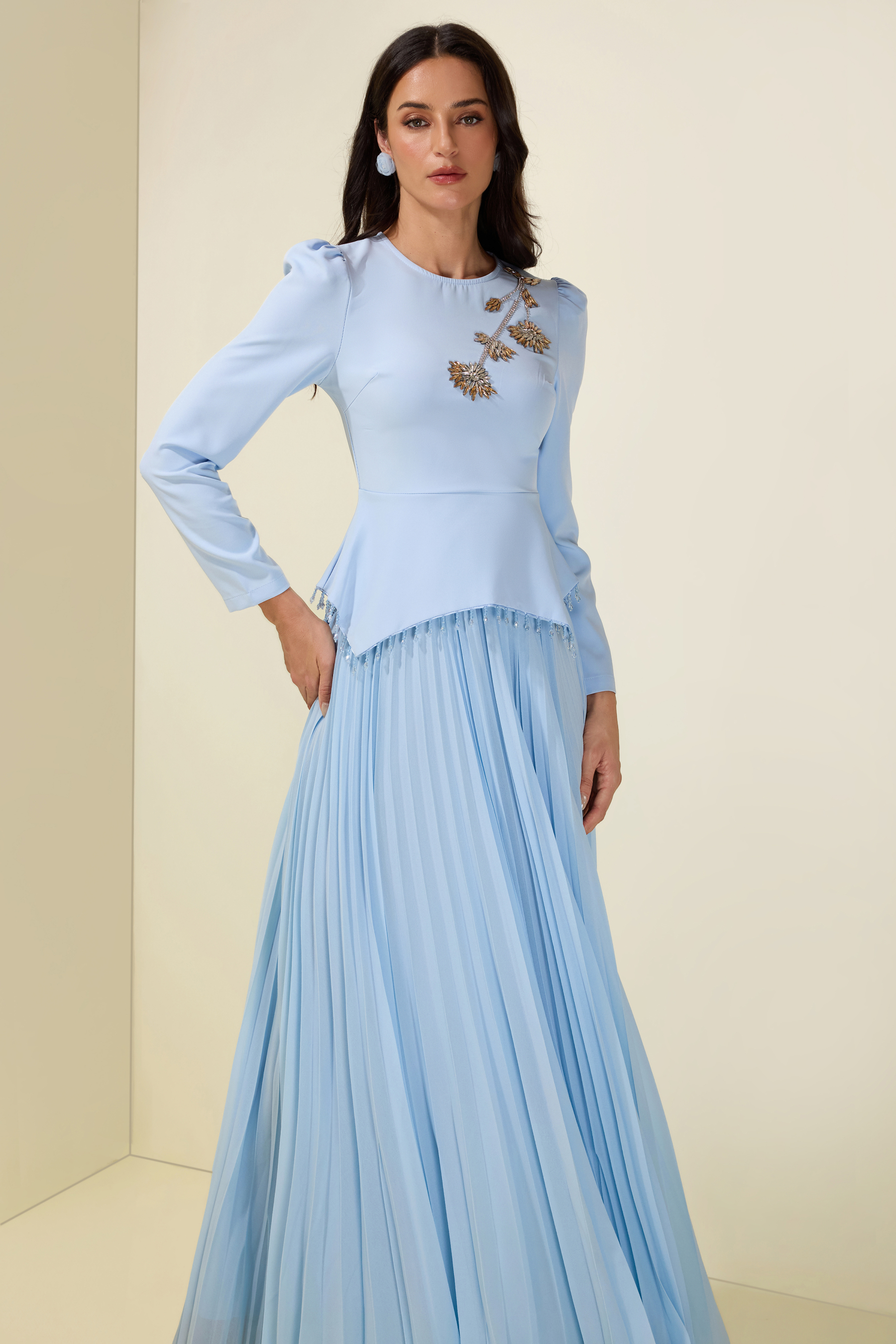 Beaded Tassels Top & High Waist Pleated Midi Skirt Set
