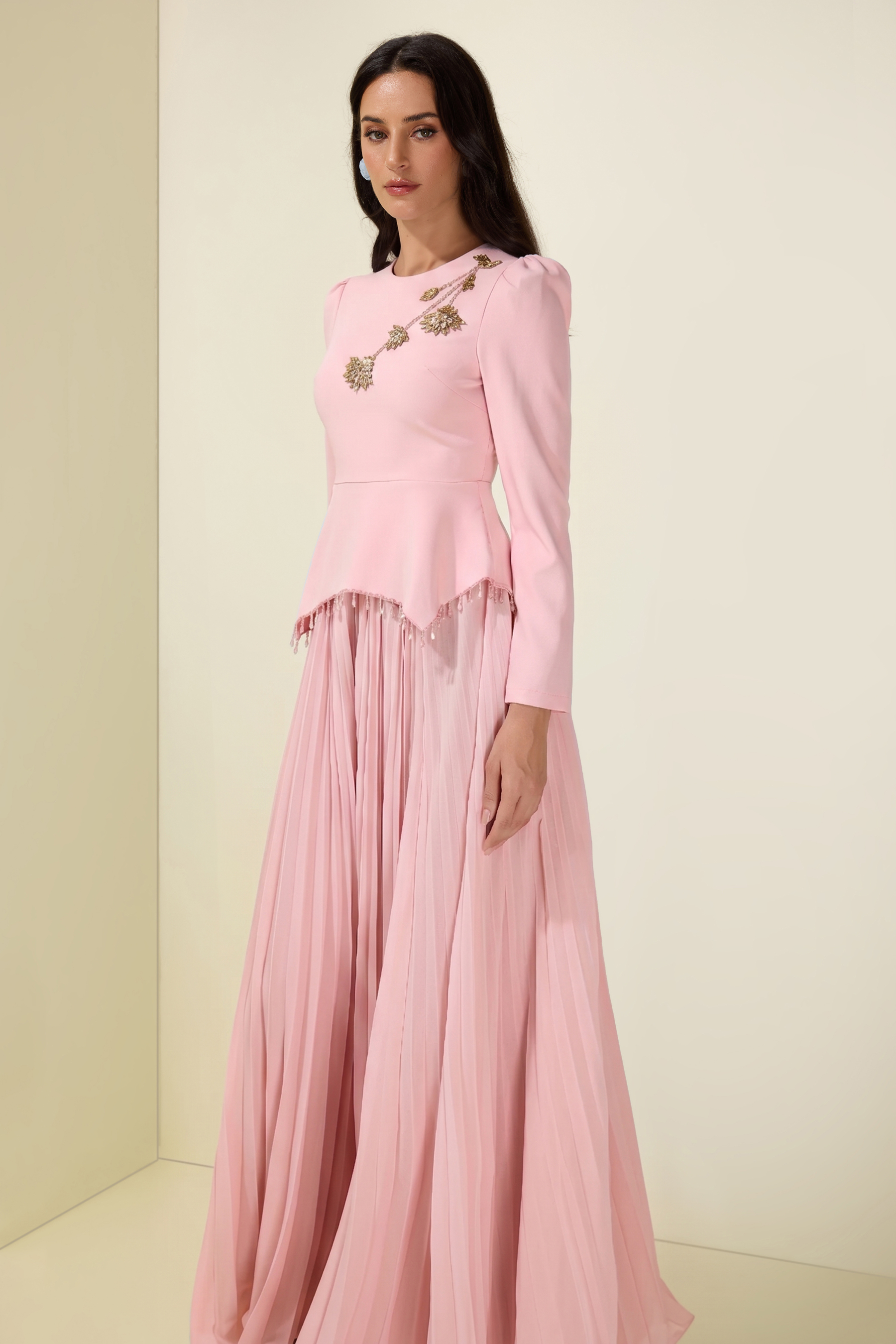 Beaded Tassels Top & High Waist Pleated Midi Skirt Set