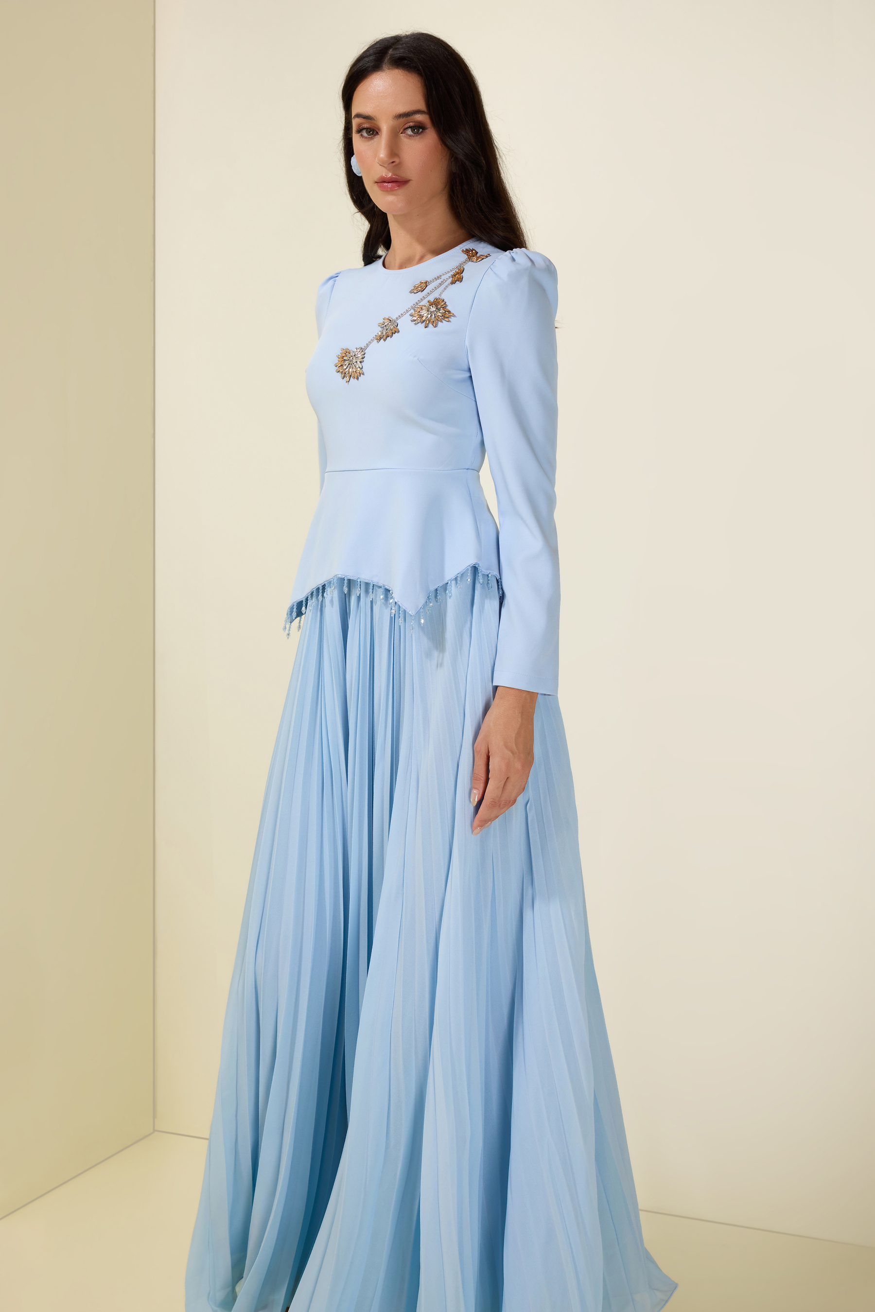 Beaded Tassels Top & High Waist Pleated Midi Skirt Set