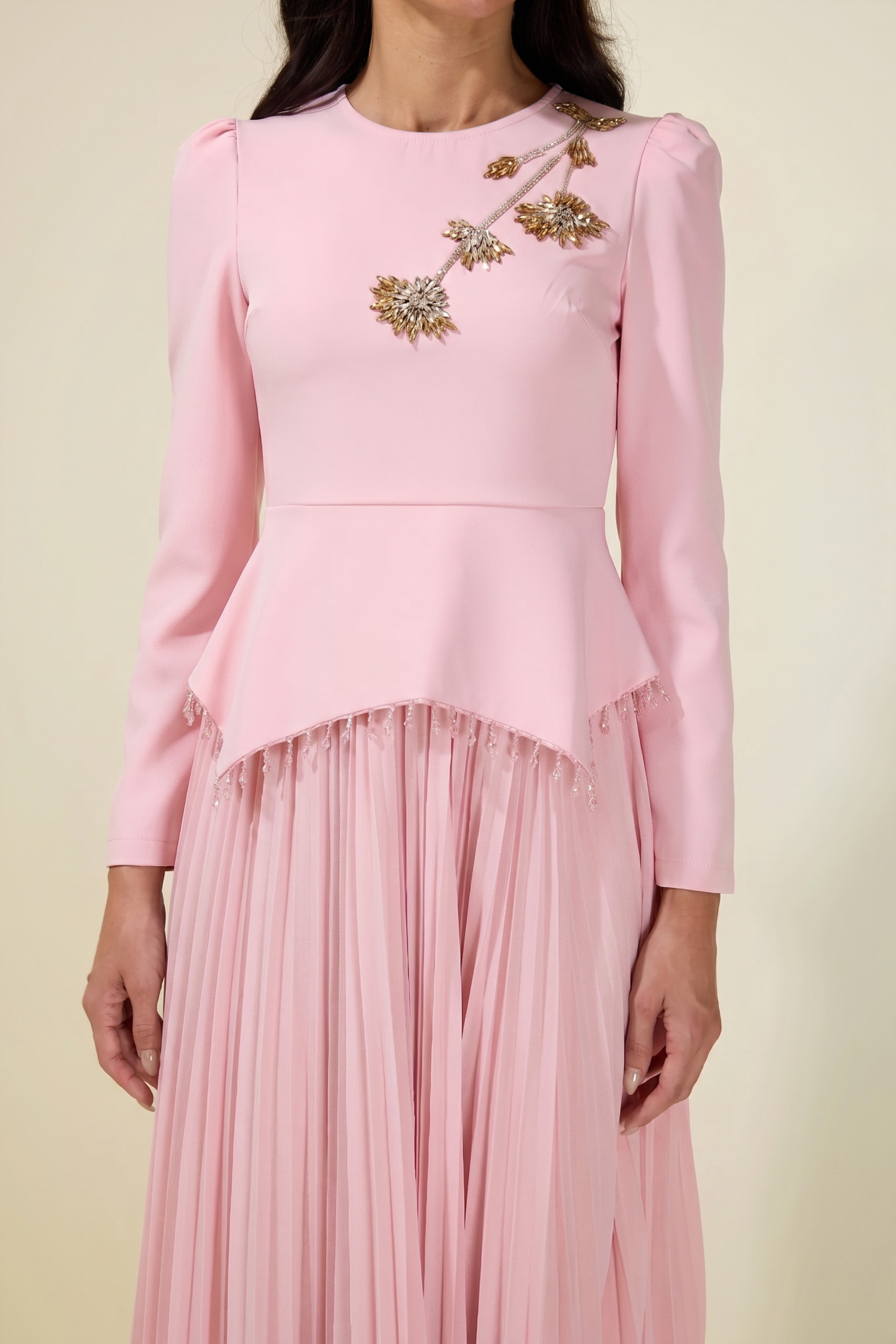 Beaded Tassels Top & High Waist Pleated Midi Skirt Set