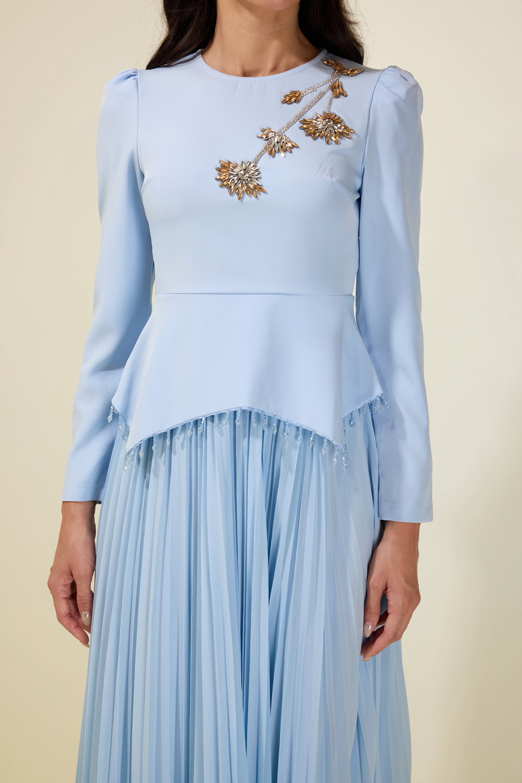 Beaded Tassels Top & High Waist Pleated Midi Skirt Set