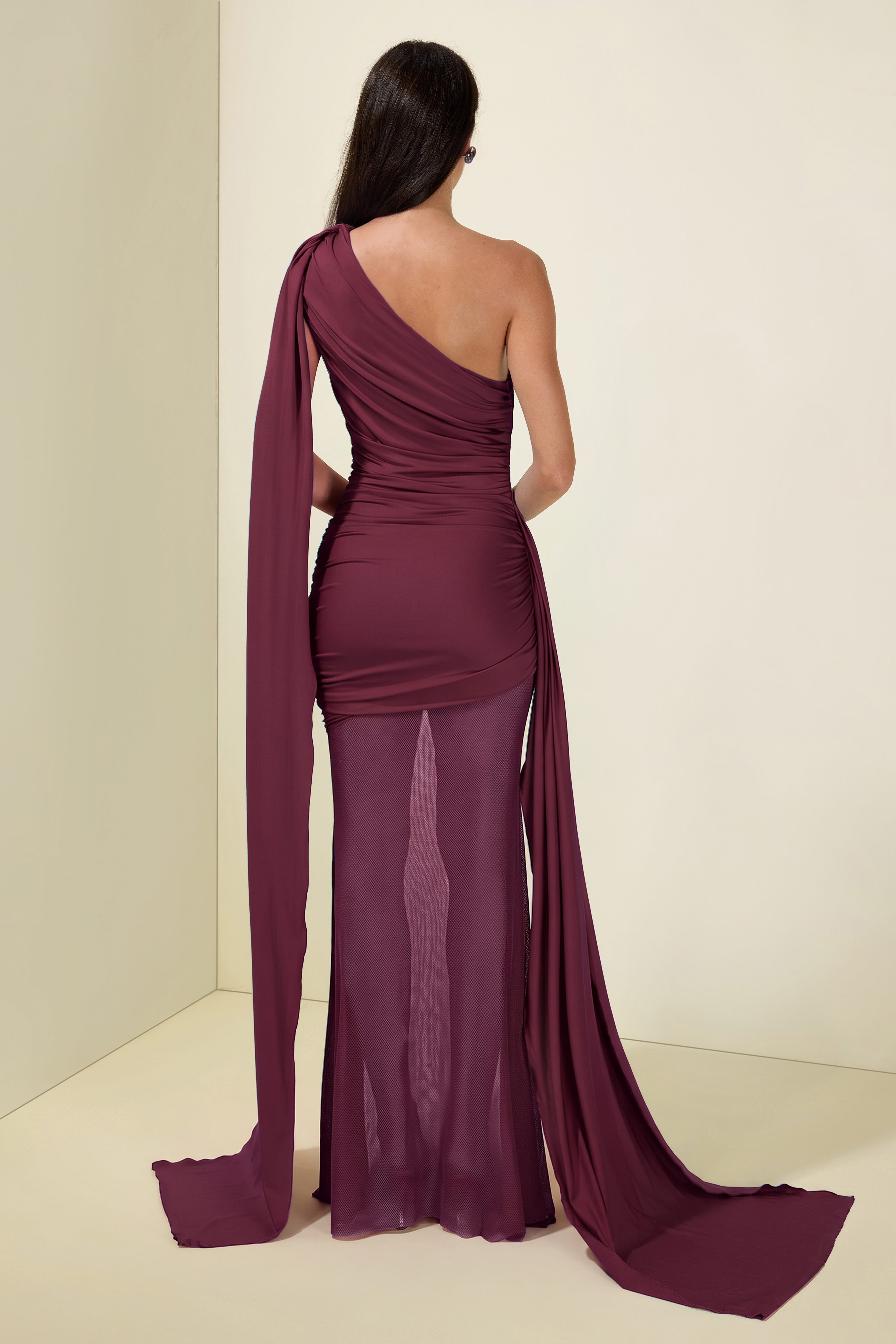 Mesh Splicing Jersey Cape Sleeve Maxi Dress