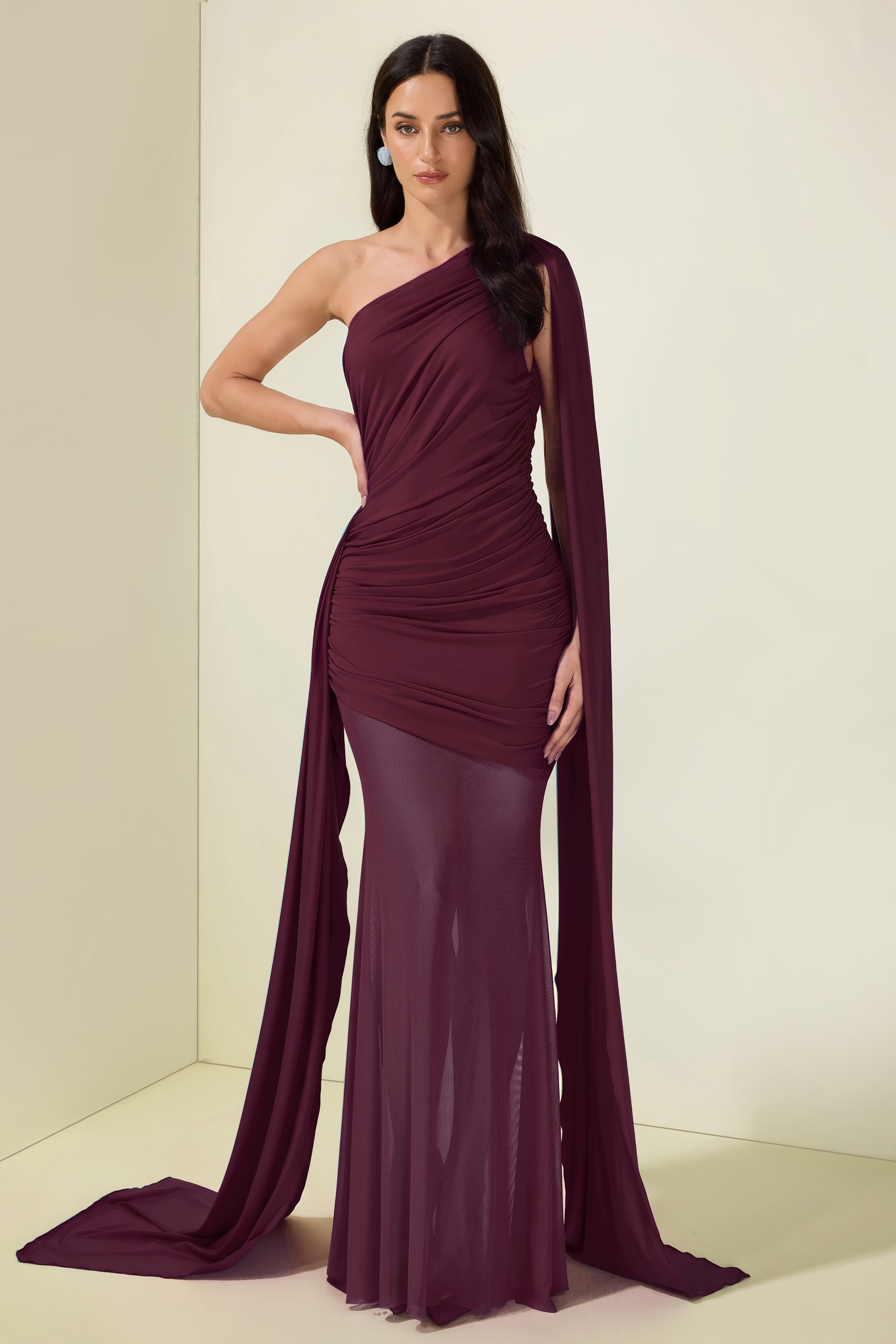 Mesh Splicing Jersey Cape Sleeve Maxi Dress