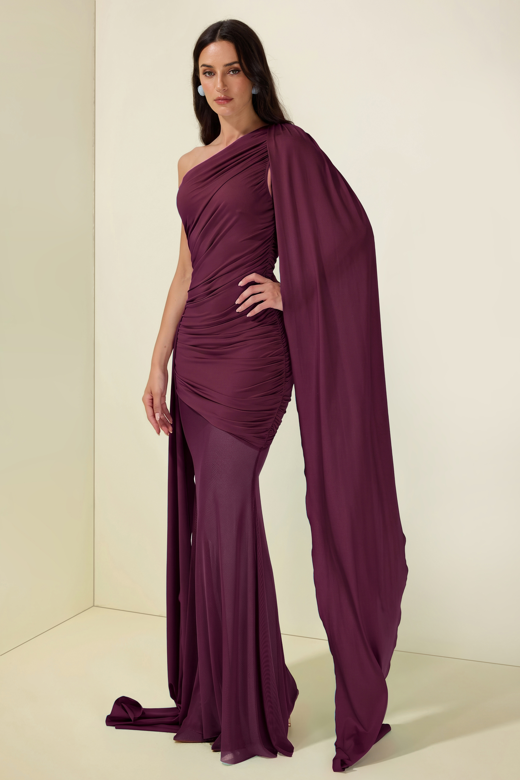 Mesh Splicing Jersey Cape Sleeve Maxi Dress