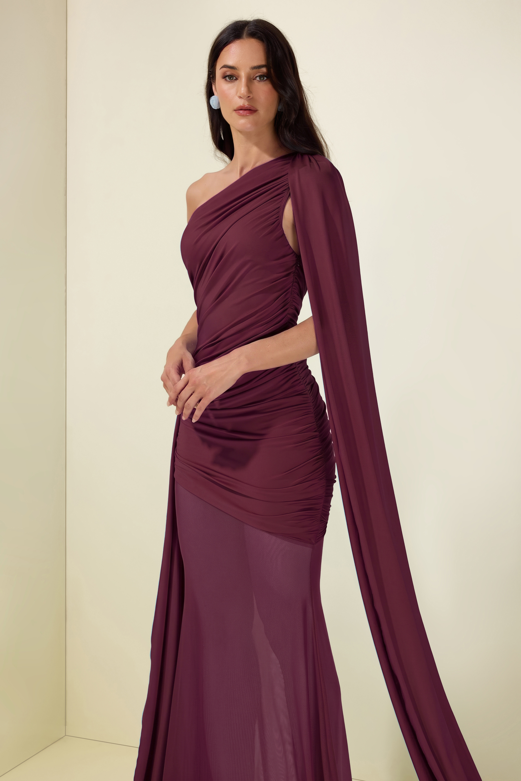 Mesh Splicing Jersey Cape Sleeve Maxi Dress