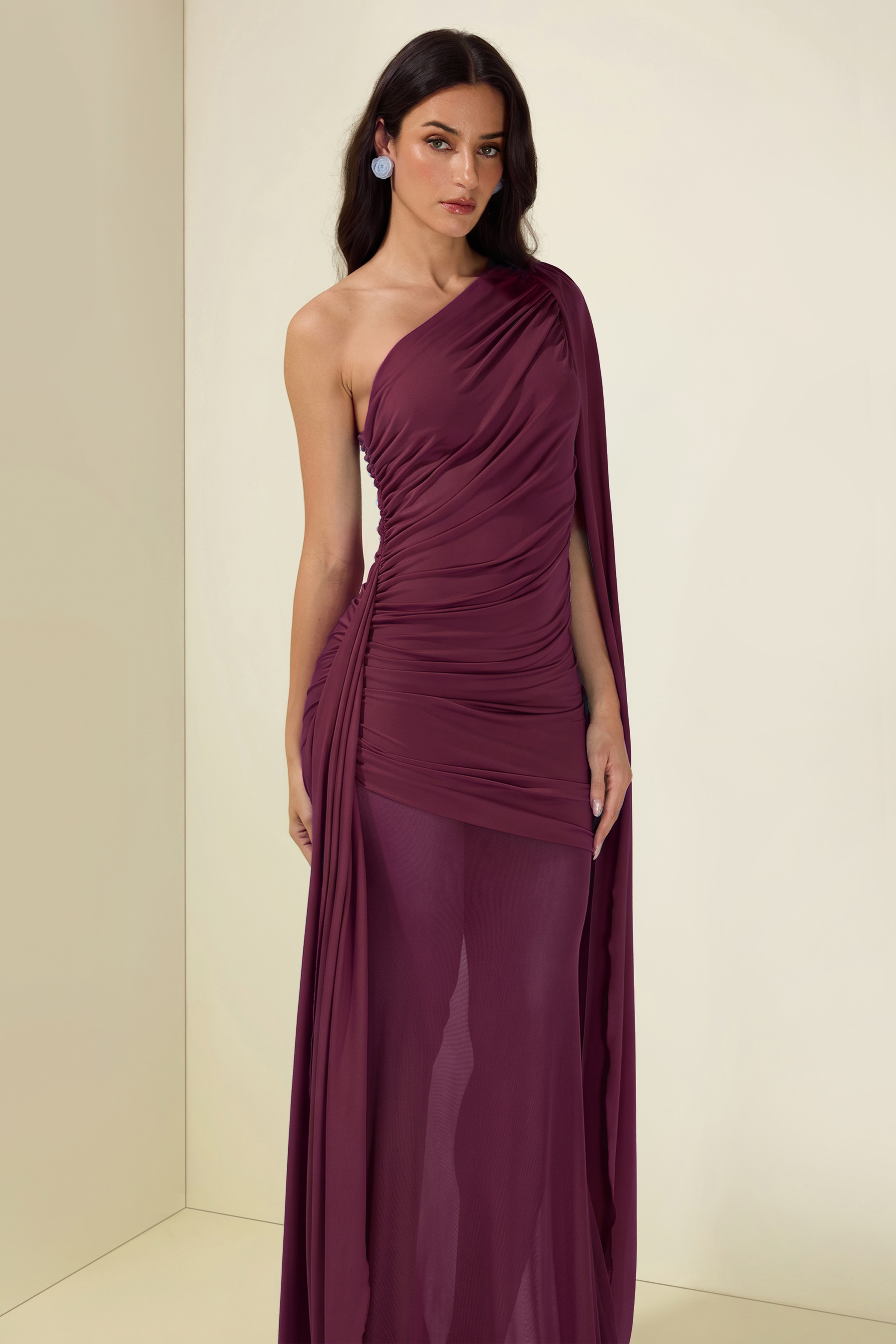 Mesh Splicing Jersey Cape Sleeve Maxi Dress