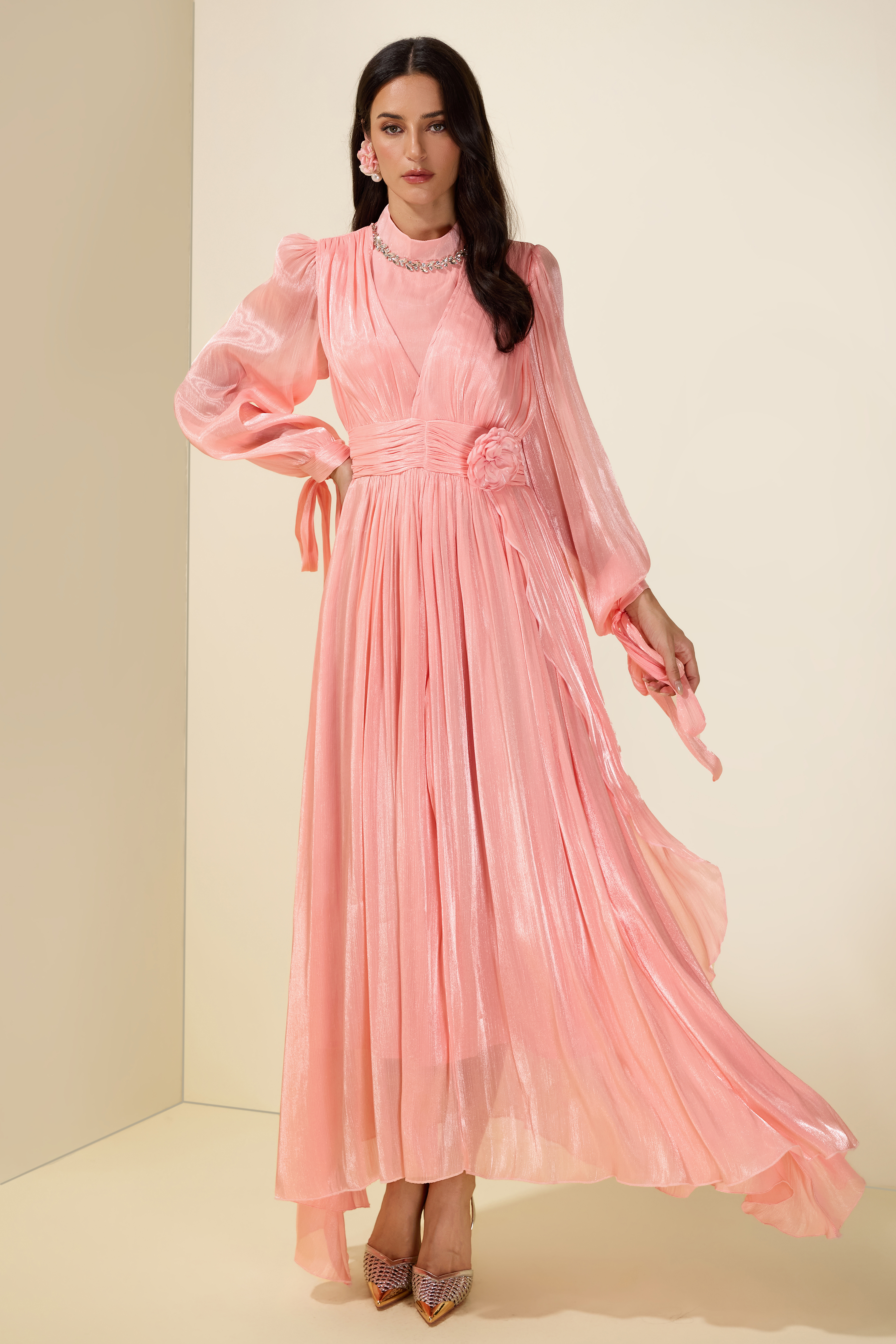 3D Flower Rhinestone Rivets Midi Dress