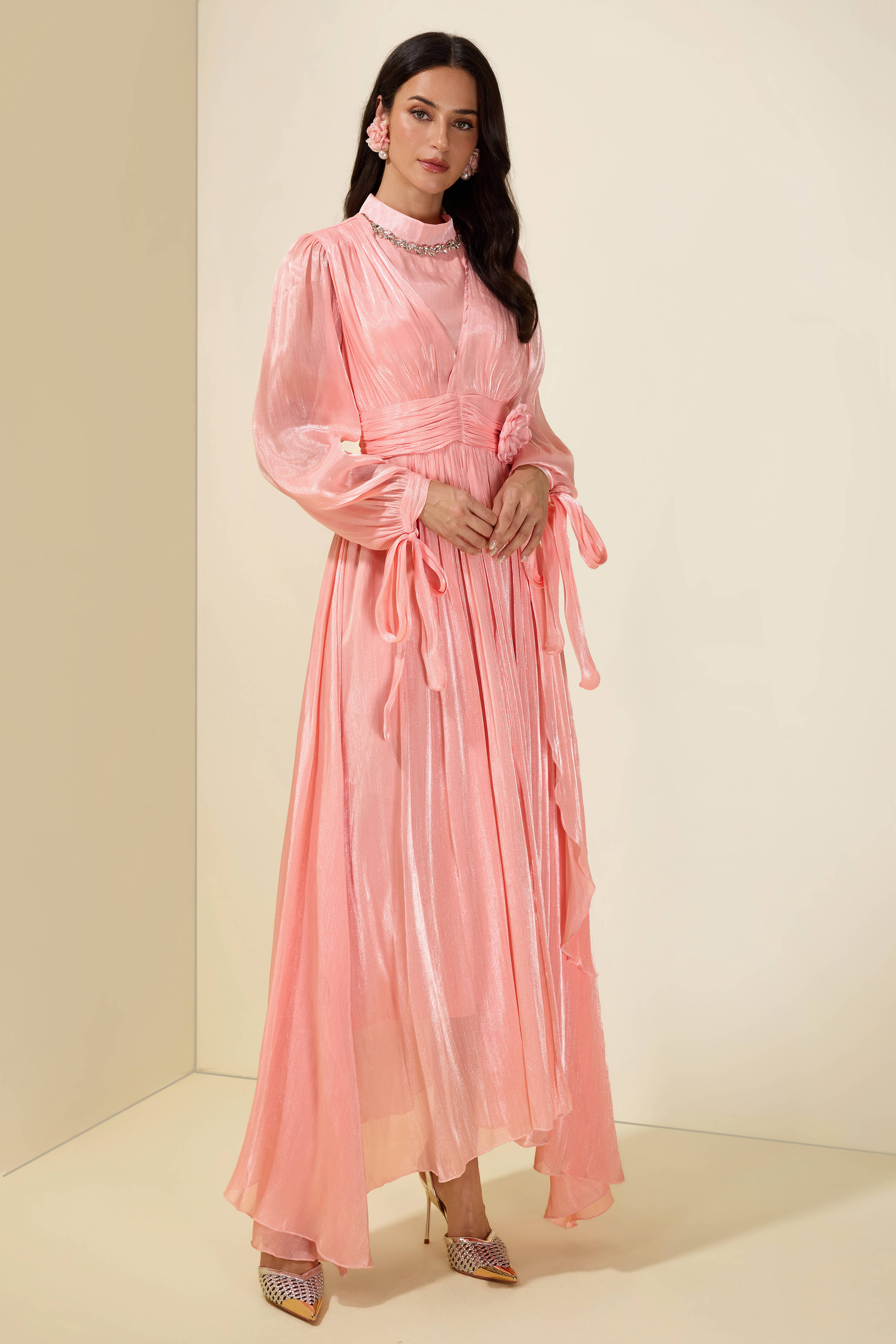3D Flower Rhinestone Rivets Midi Dress