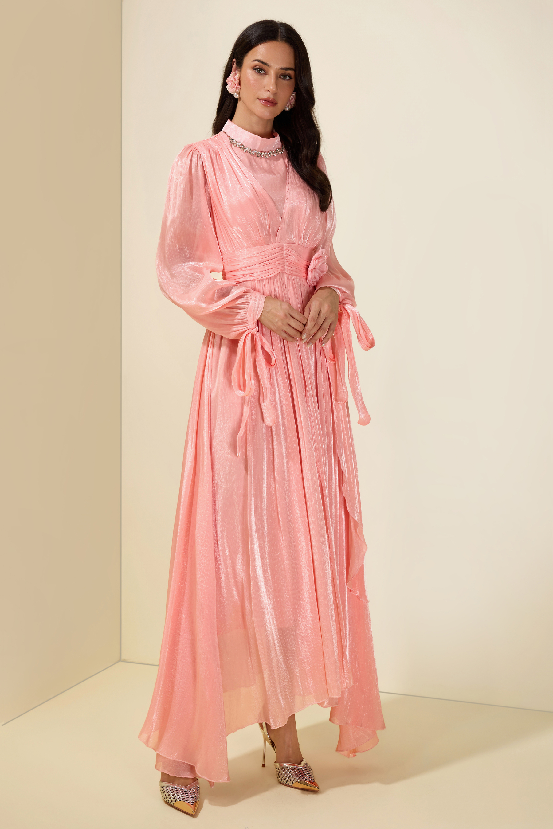 3D Flower Rhinestone Rivets Midi Dress