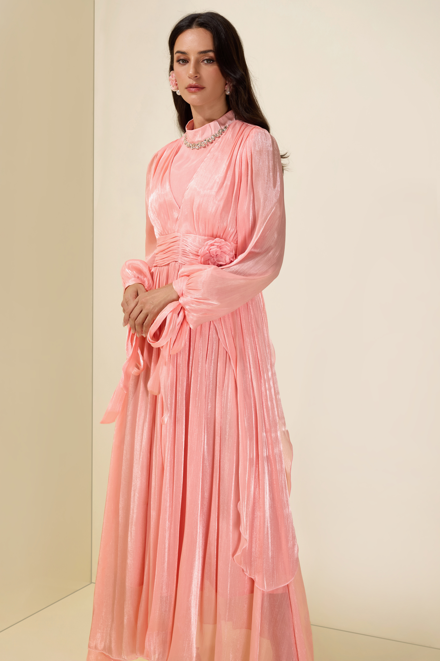 3D Flower Rhinestone Rivets Midi Dress