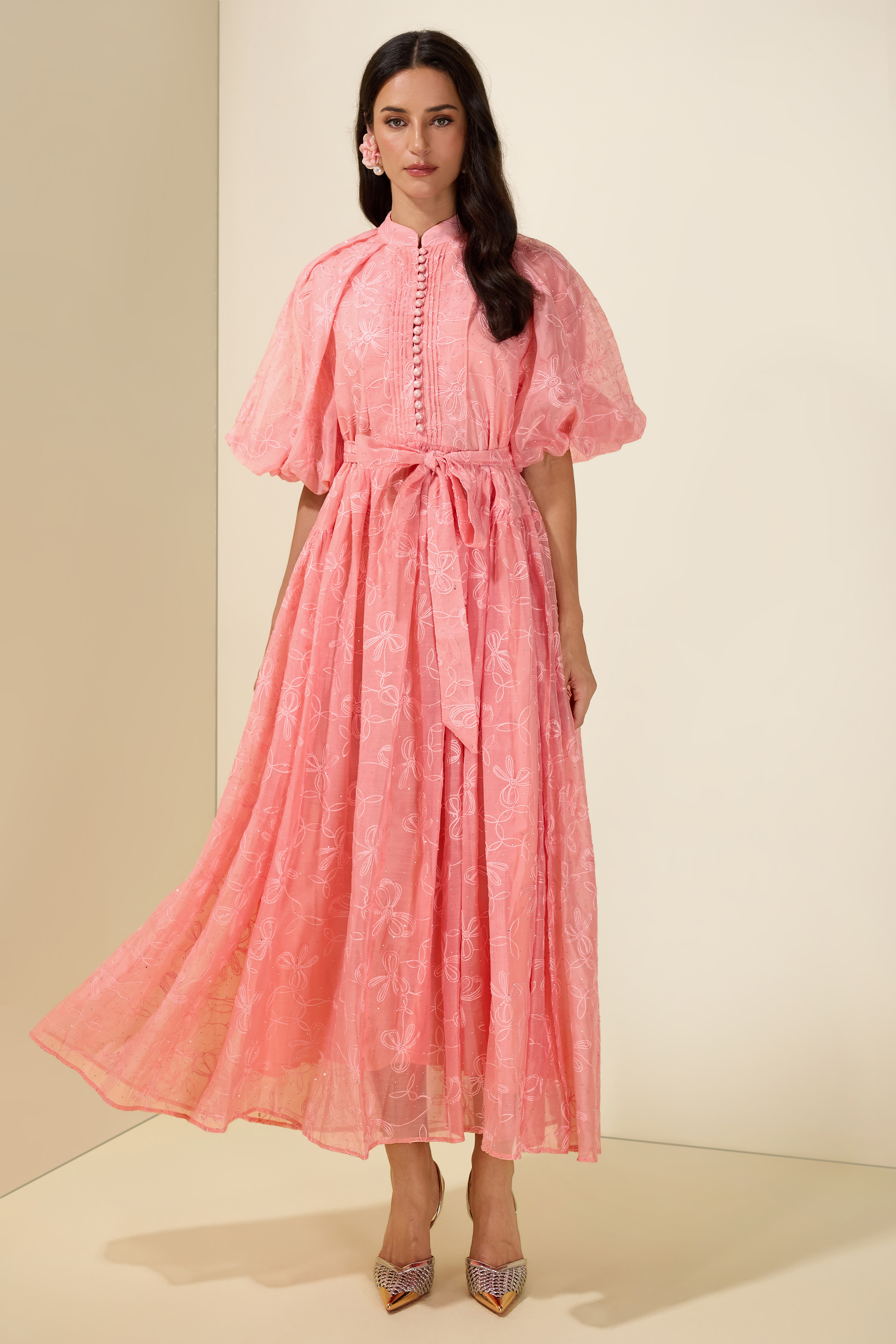 Embroidered Rhinestone Puff Sleeve Midi Dress