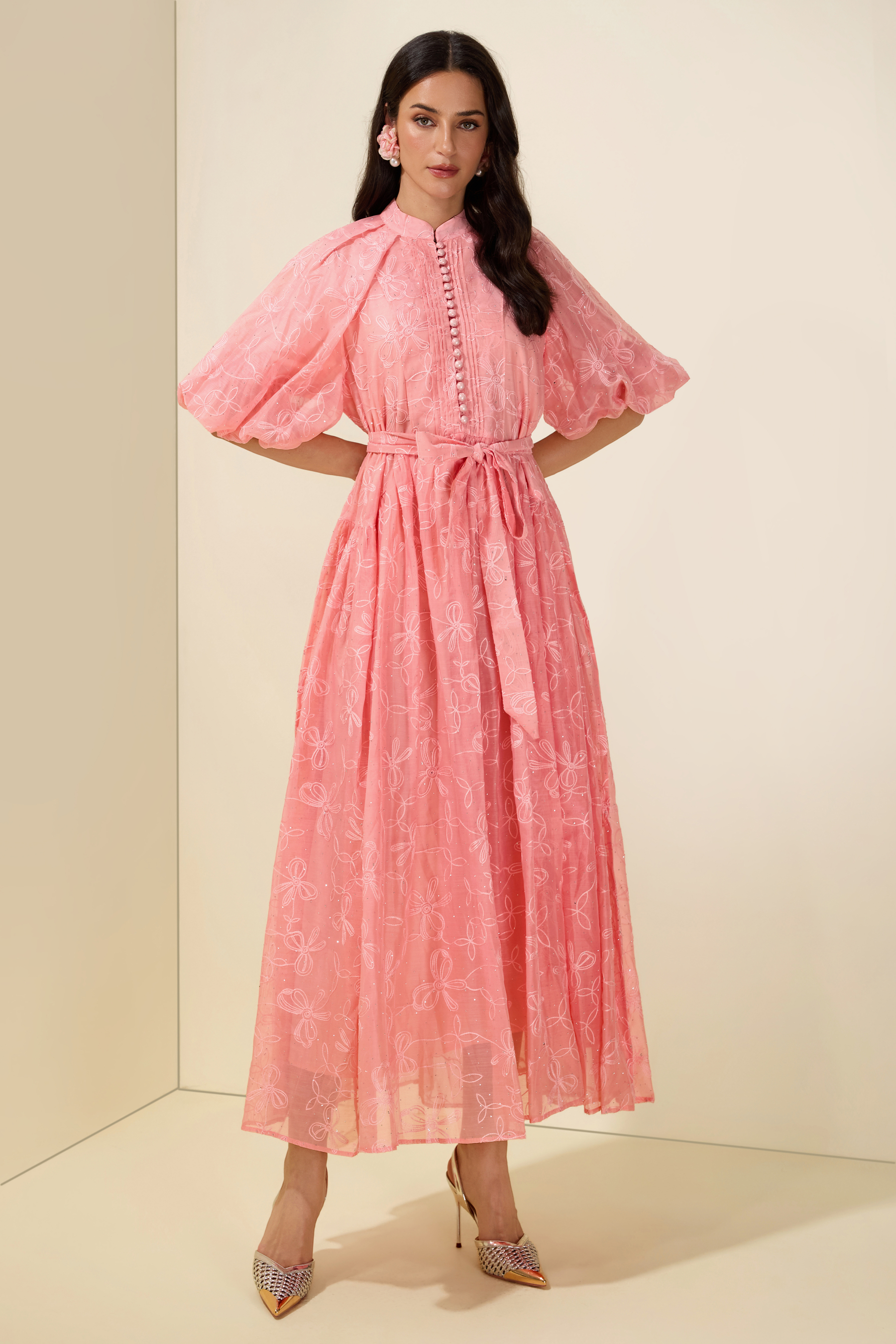 Embroidered Rhinestone Puff Sleeve Midi Dress