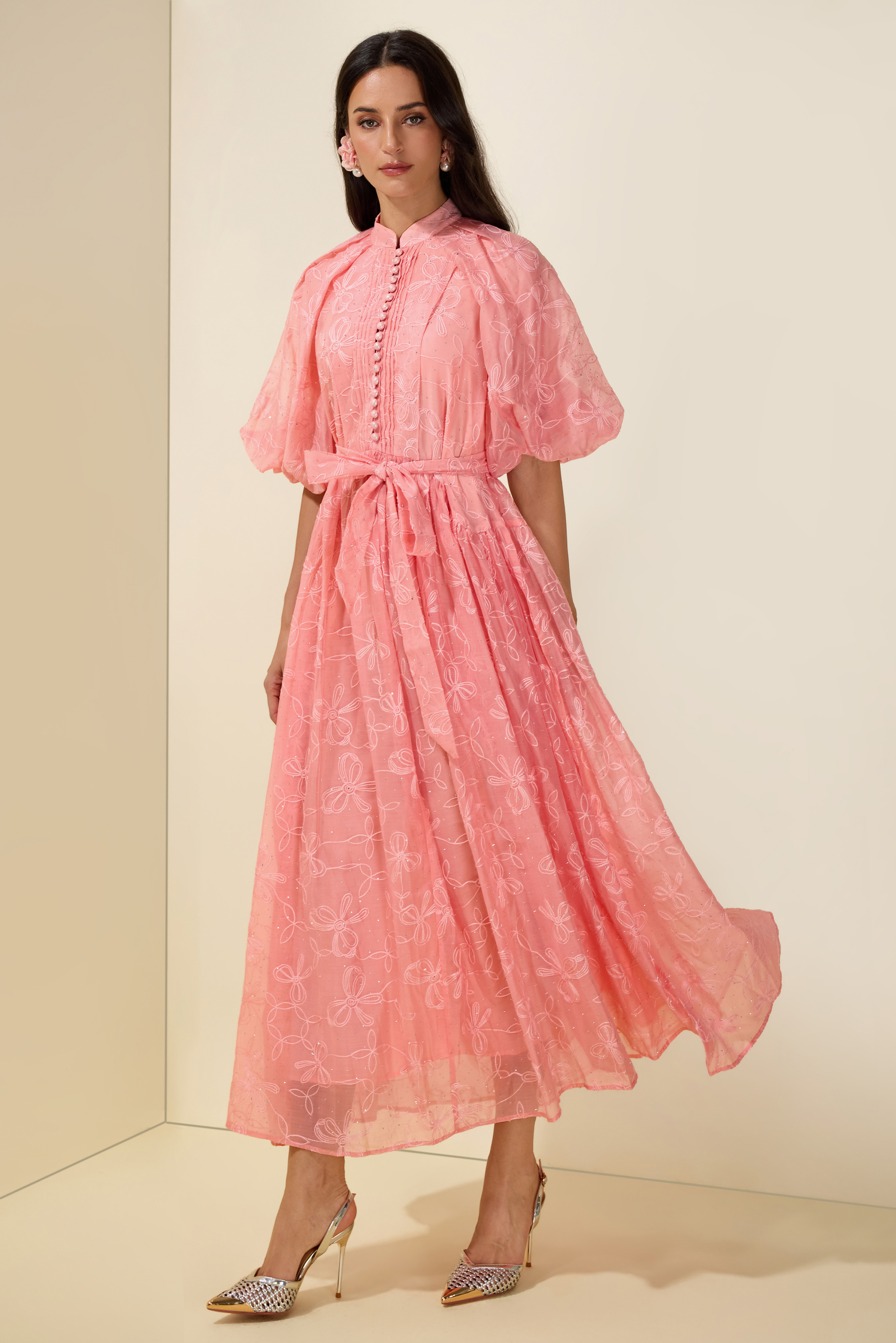 Embroidered Rhinestone Puff Sleeve Midi Dress