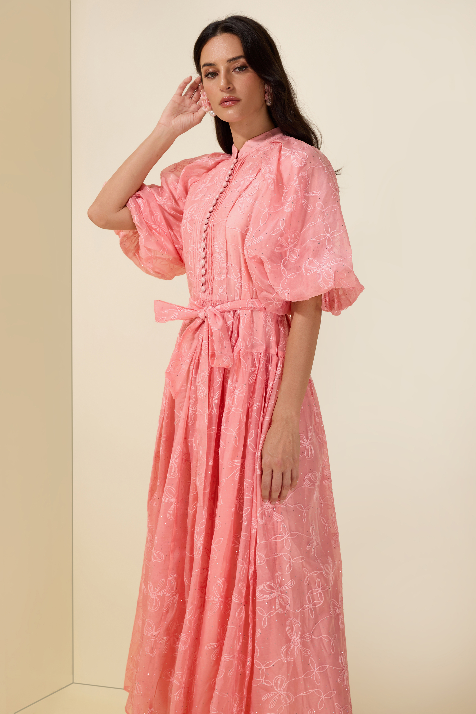 Embroidered Rhinestone Puff Sleeve Midi Dress