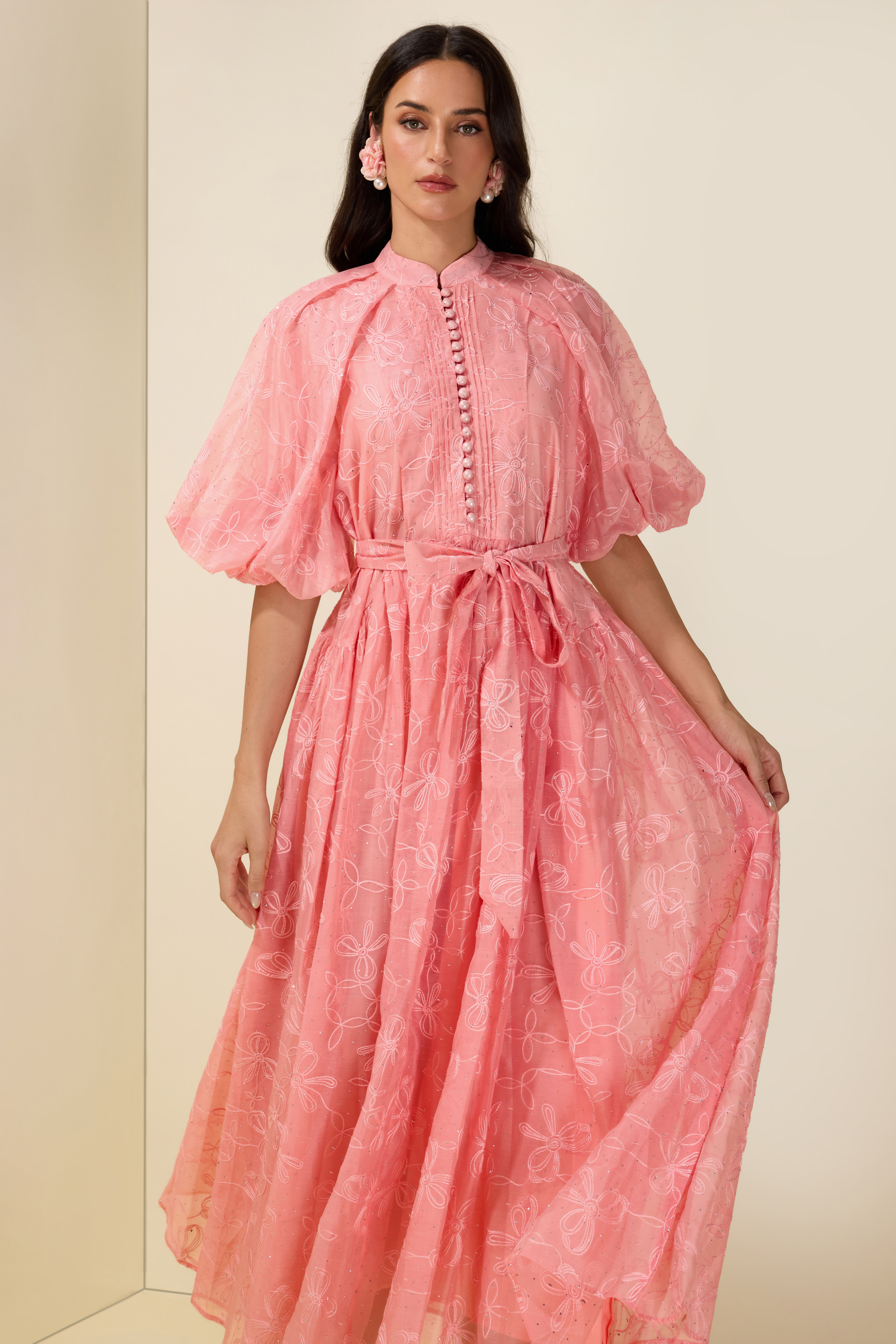 Embroidered Rhinestone Puff Sleeve Midi Dress