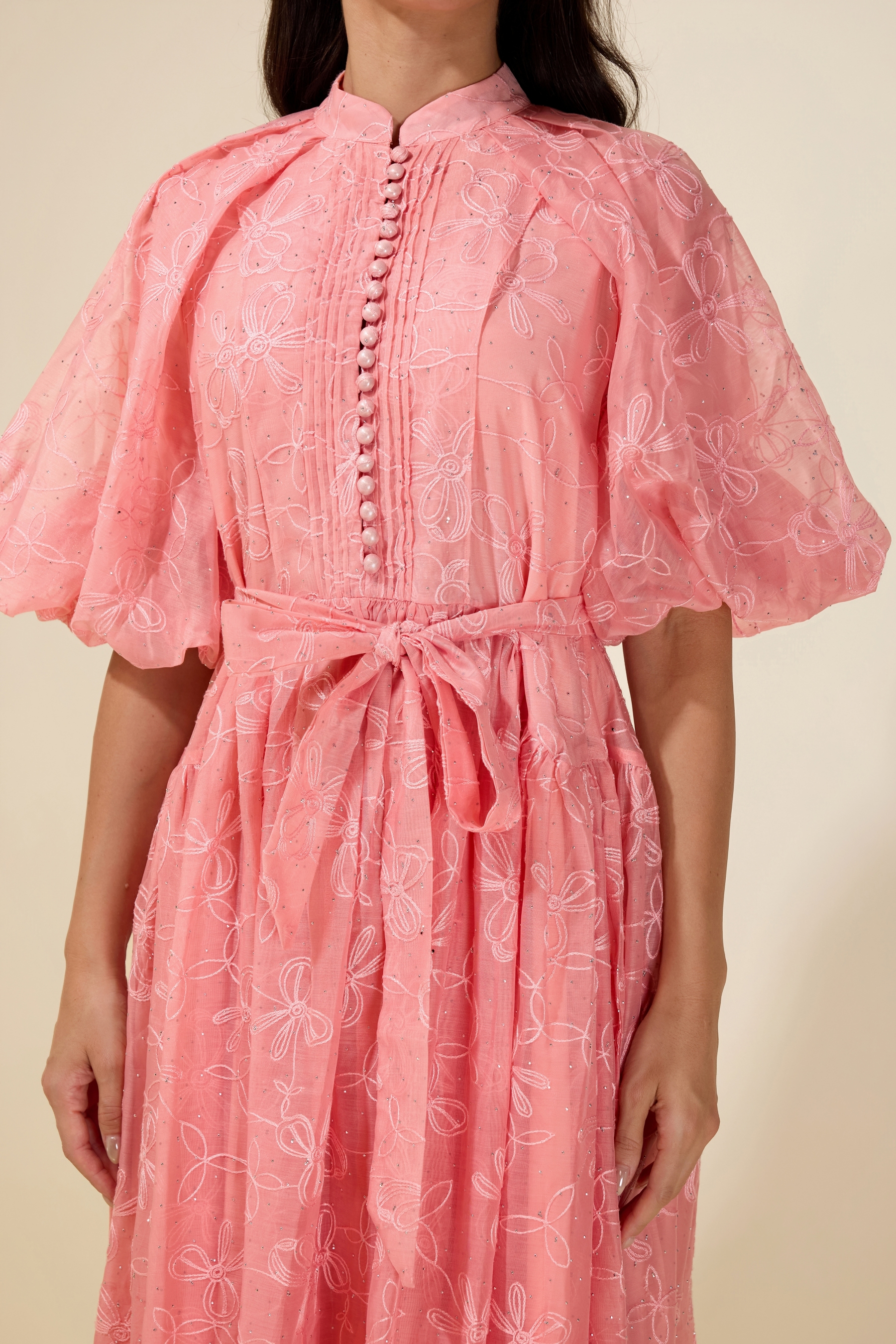 Embroidered Rhinestone Puff Sleeve Midi Dress