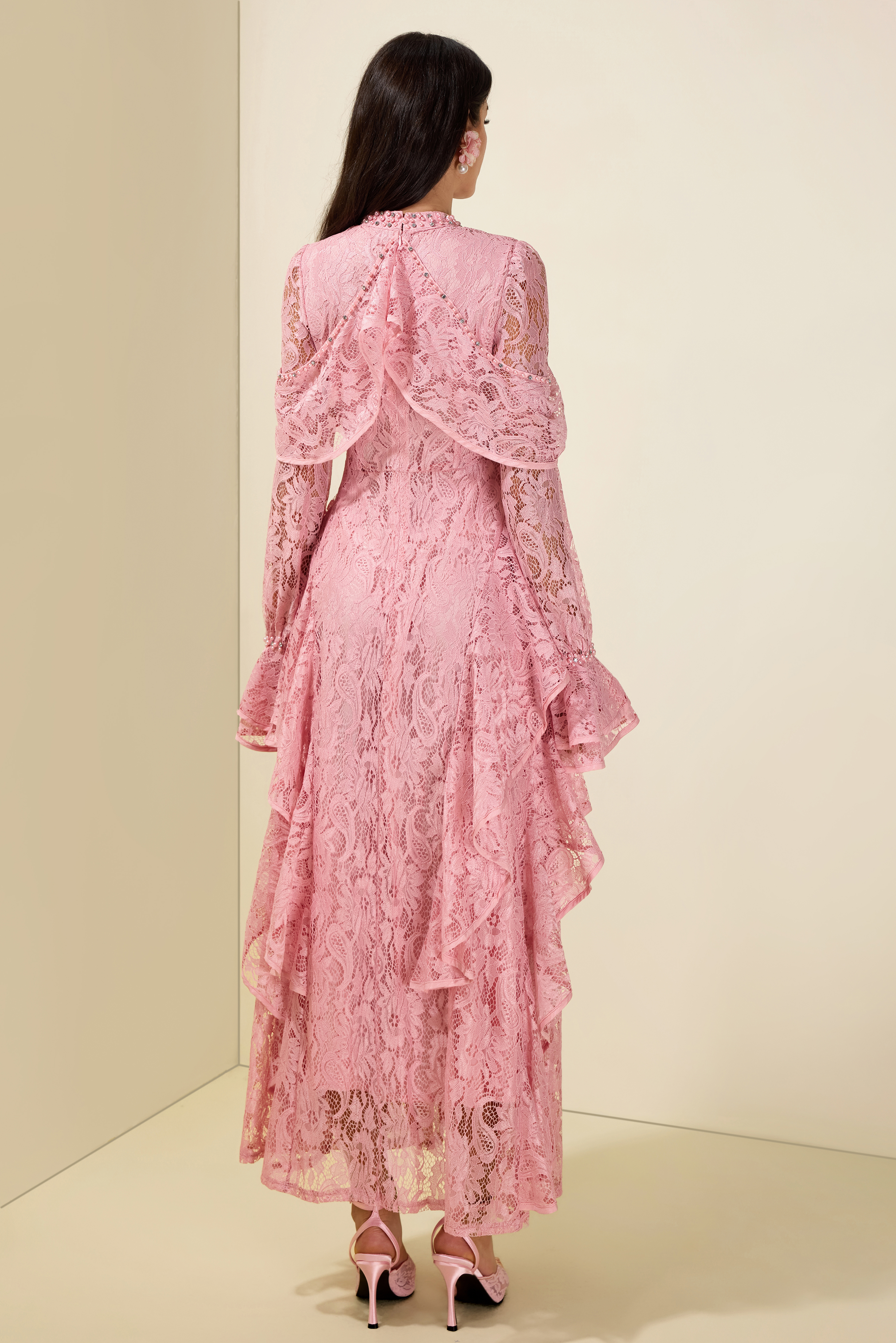 Lace Rhinestone Rivets Ruffle Maxi Dress
