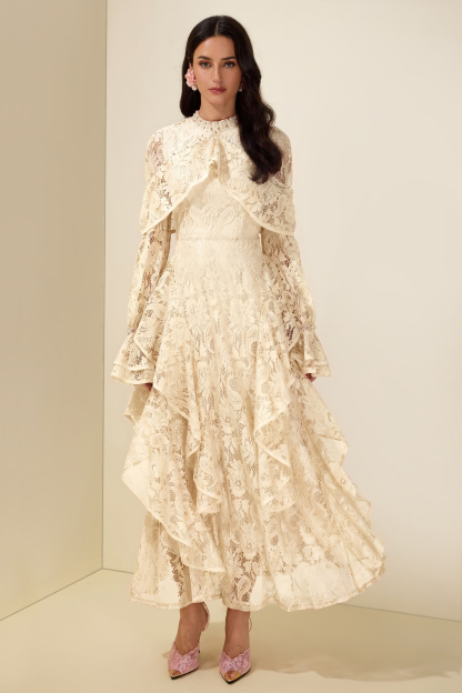 Lace Rhinestone Rivets Ruffle Maxi Dress