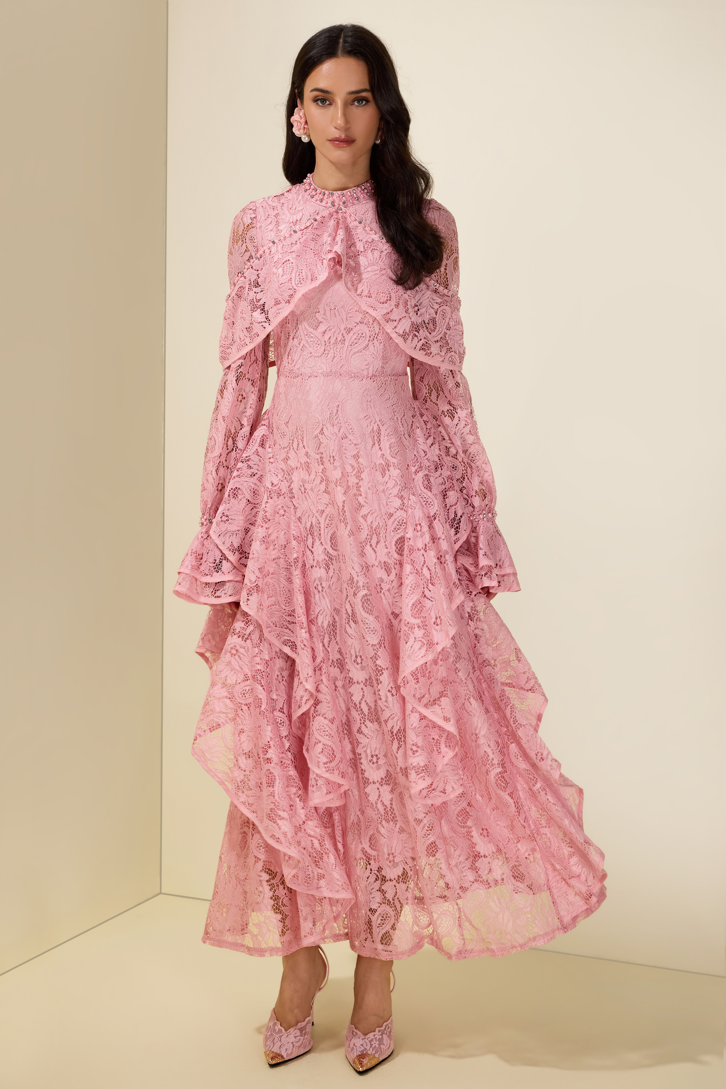 Lace Rhinestone Rivets Ruffle Maxi Dress