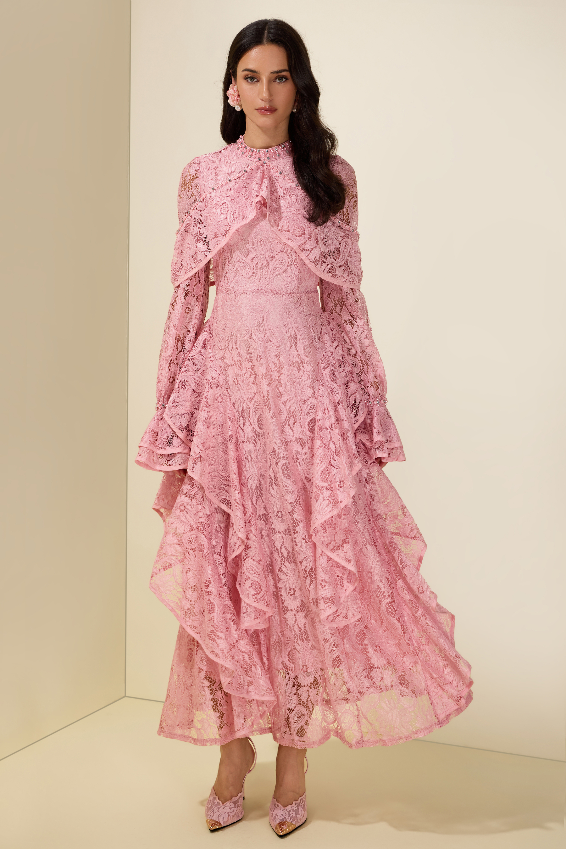 Lace Rhinestone Rivets Ruffle Maxi Dress