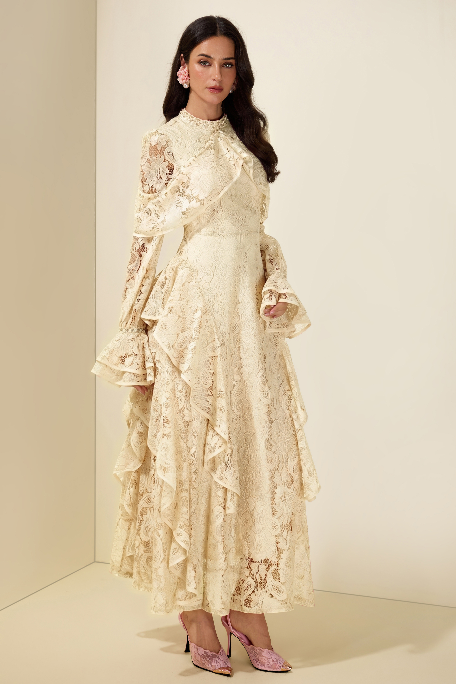 Lace Rhinestone Rivets Ruffle Maxi Dress