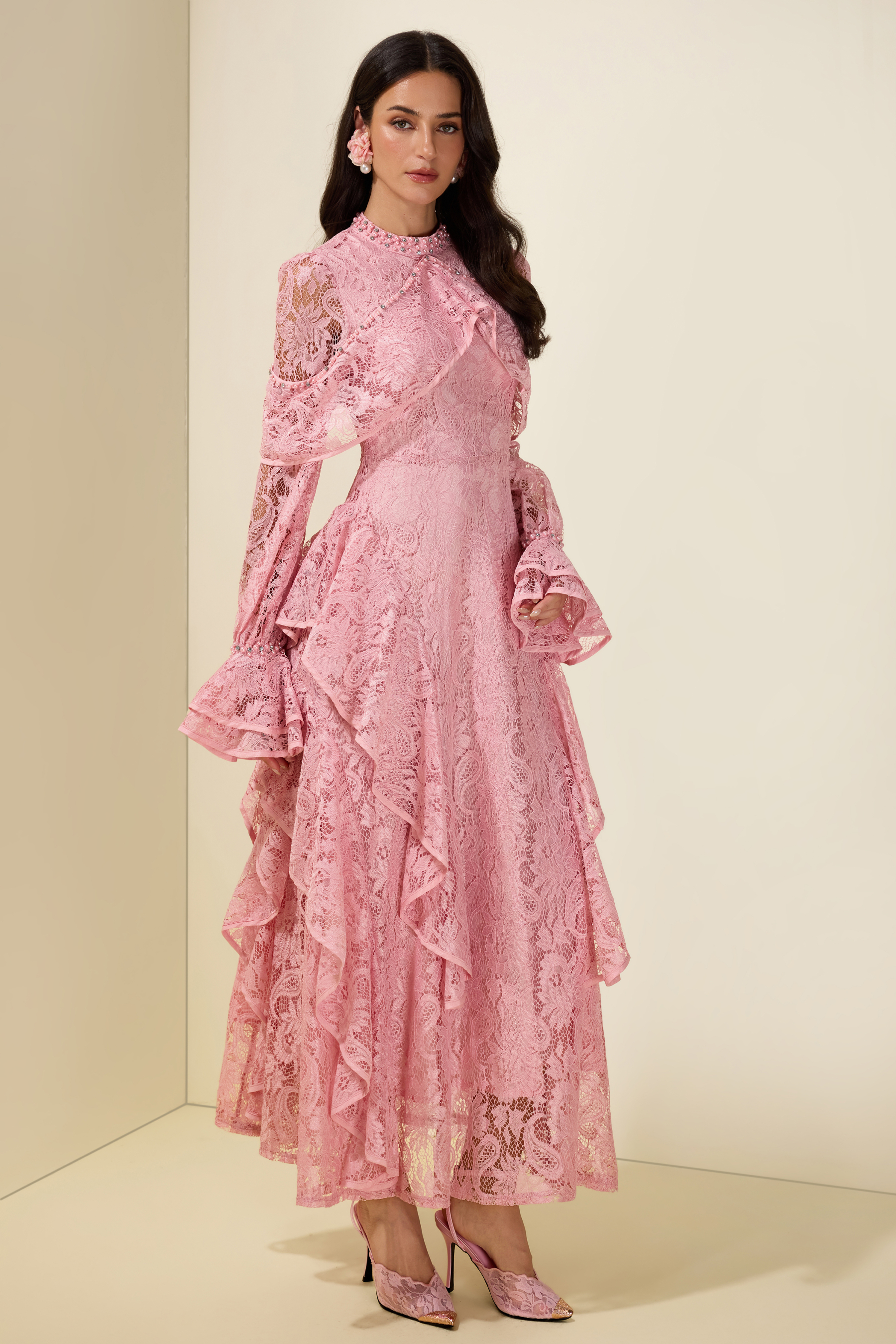 Lace Rhinestone Rivets Ruffle Maxi Dress