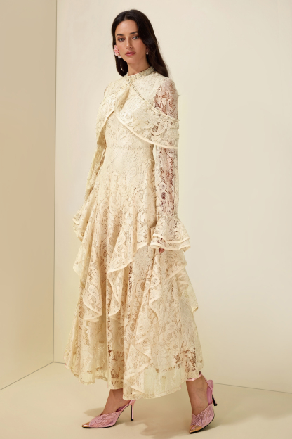 Lace Rhinestone Rivets Ruffle Maxi Dress