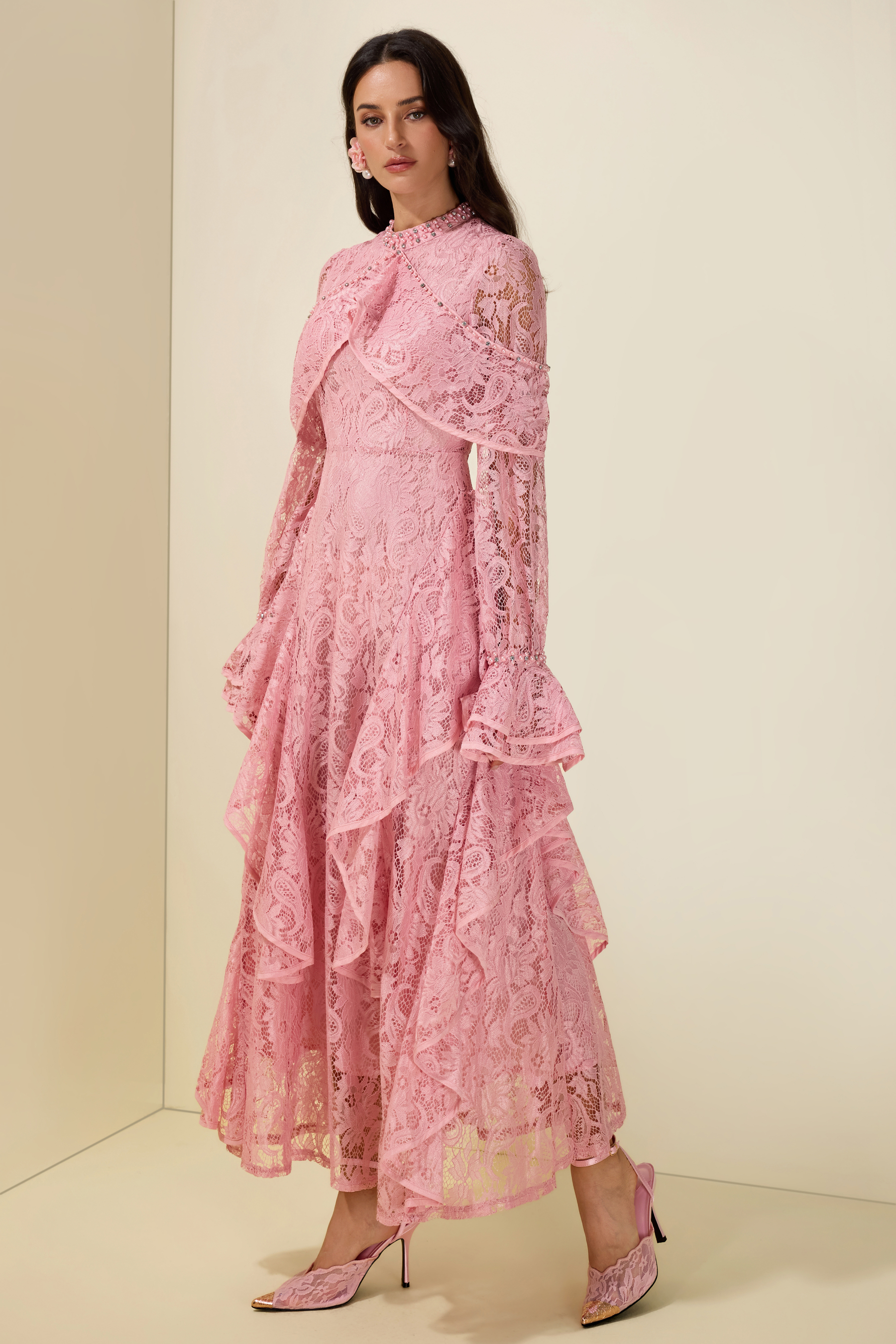 Lace Rhinestone Rivets Ruffle Maxi Dress