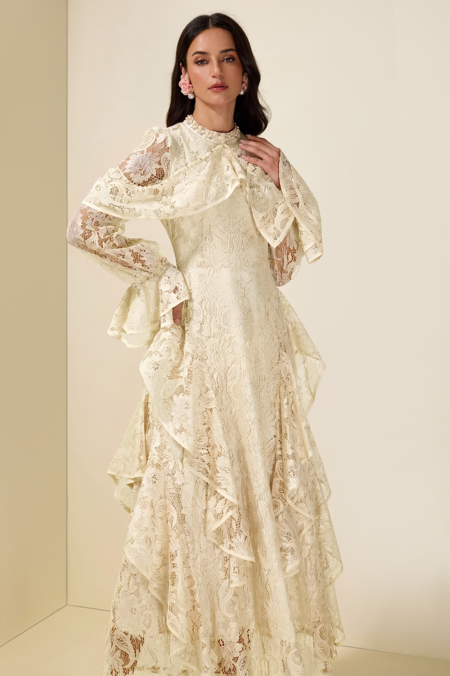 Lace Rhinestone Rivets Ruffle Maxi Dress
