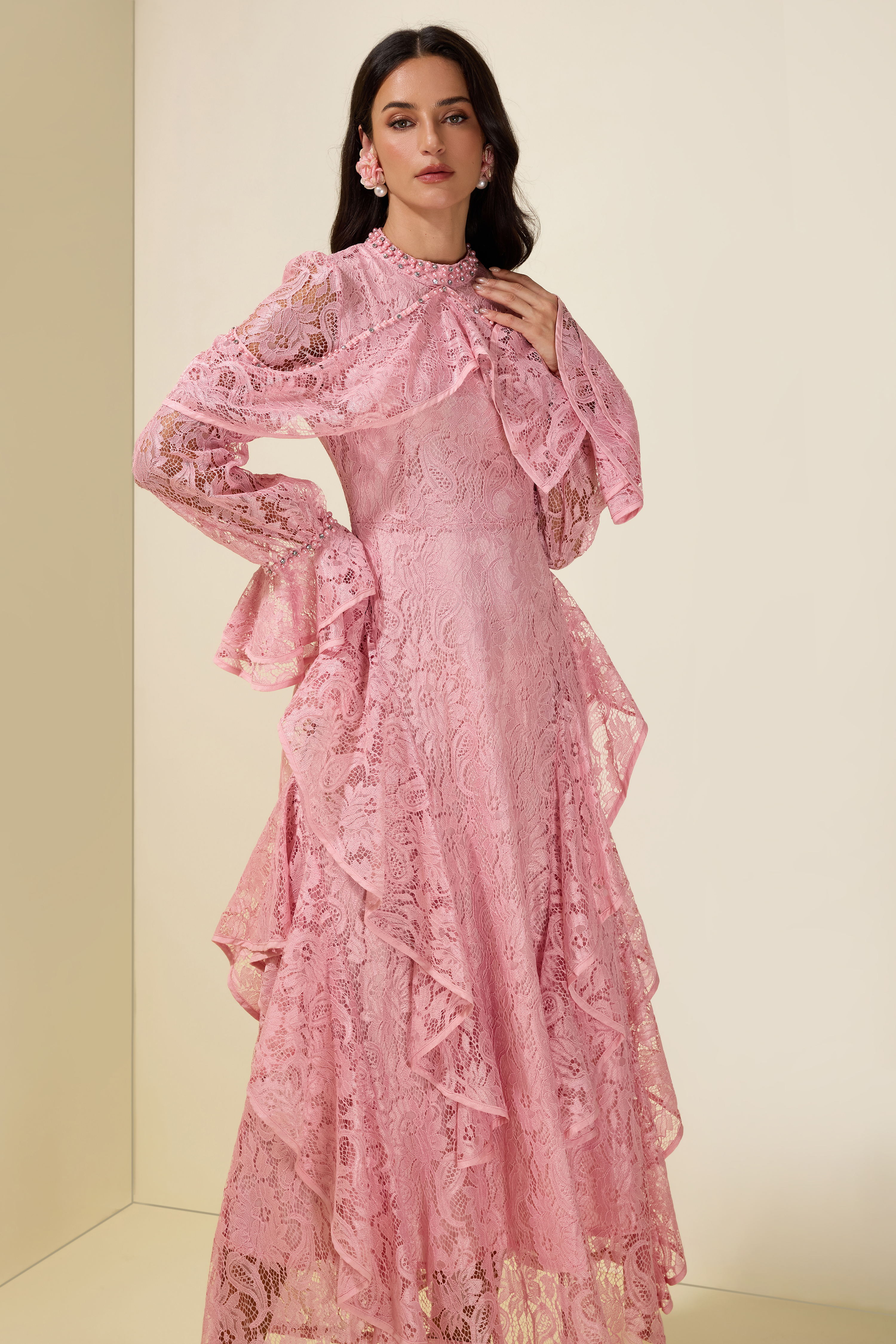 Lace Rhinestone Rivets Ruffle Maxi Dress