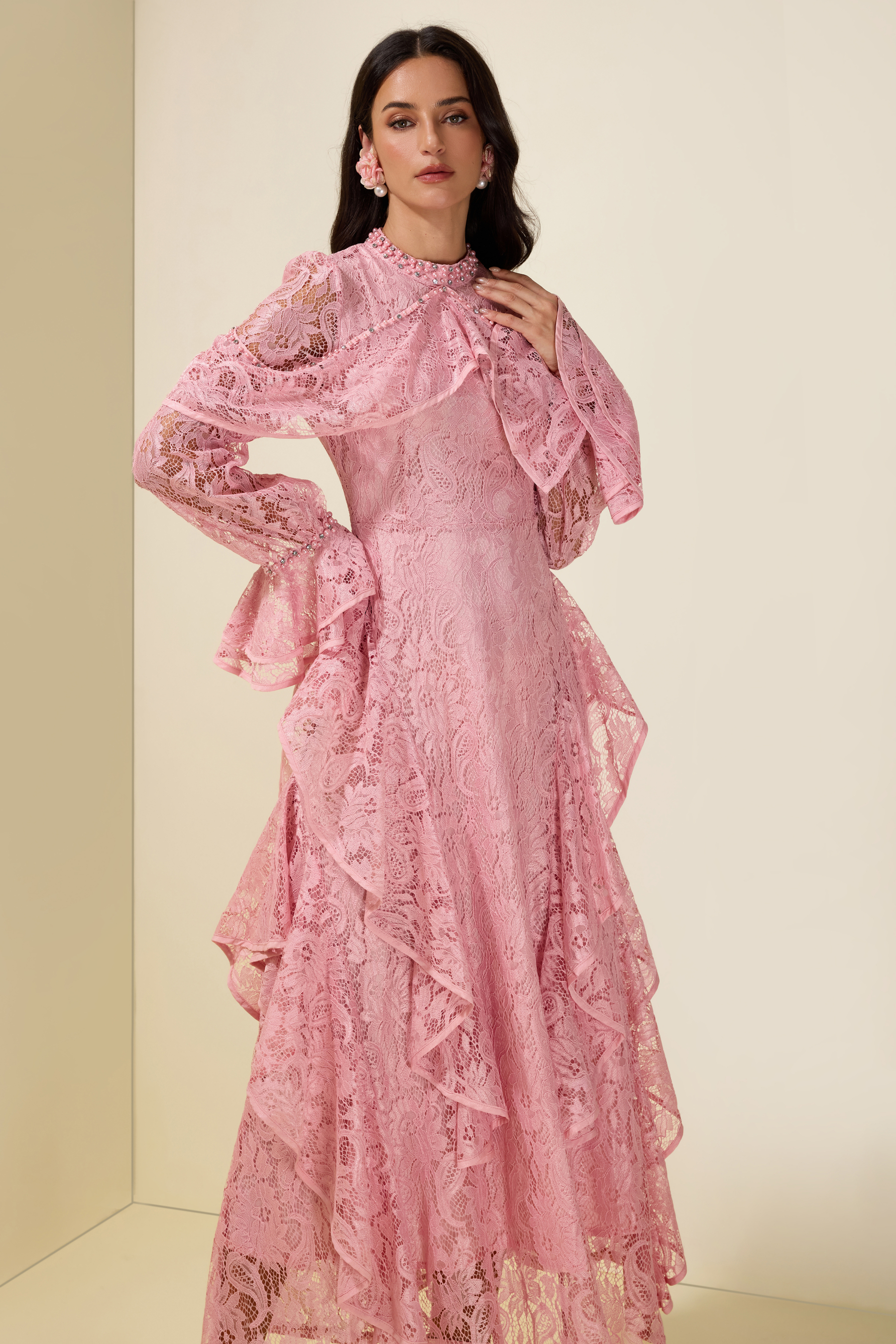 Lace Rhinestone Rivets Ruffle Maxi Dress