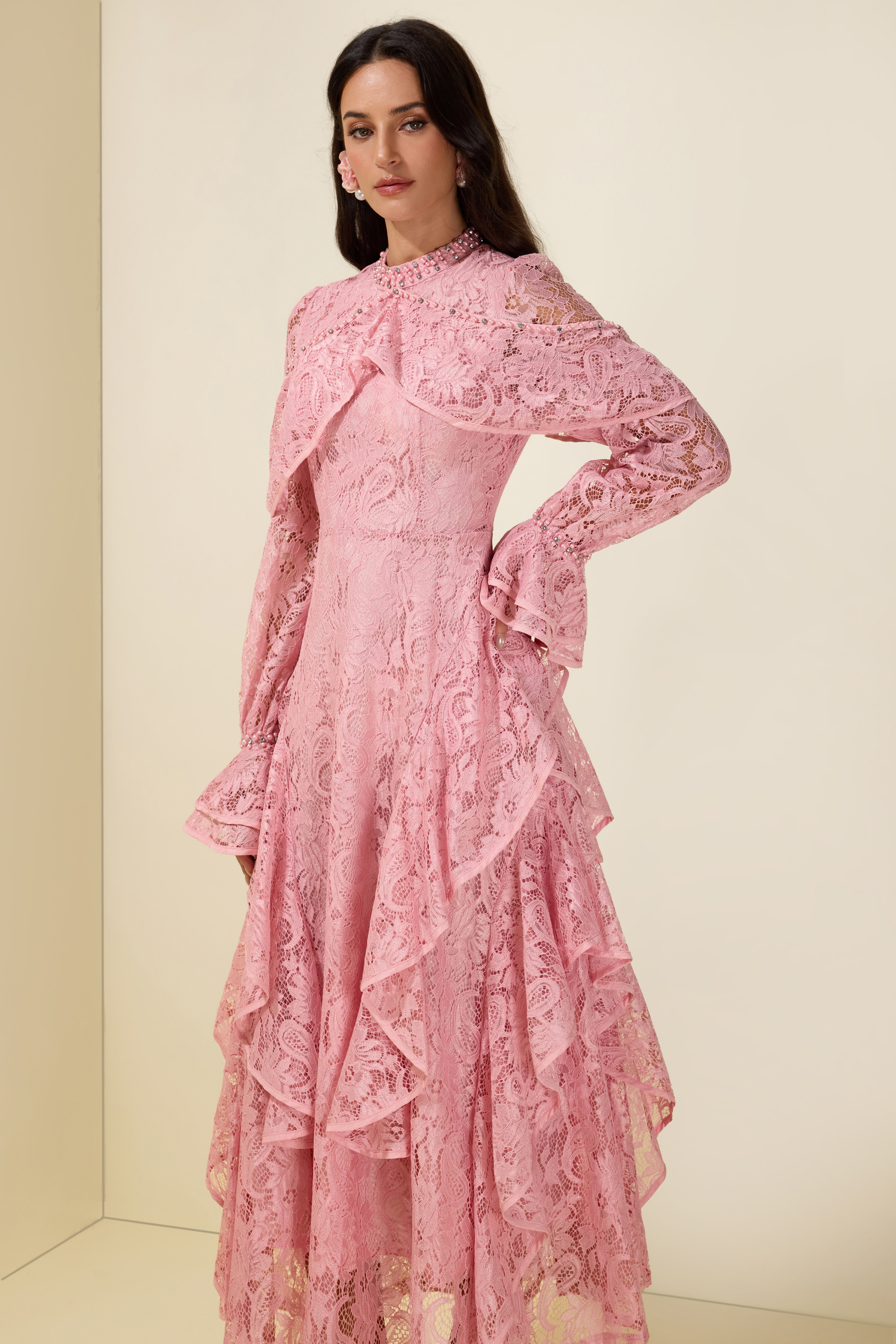 Lace Rhinestone Rivets Ruffle Maxi Dress