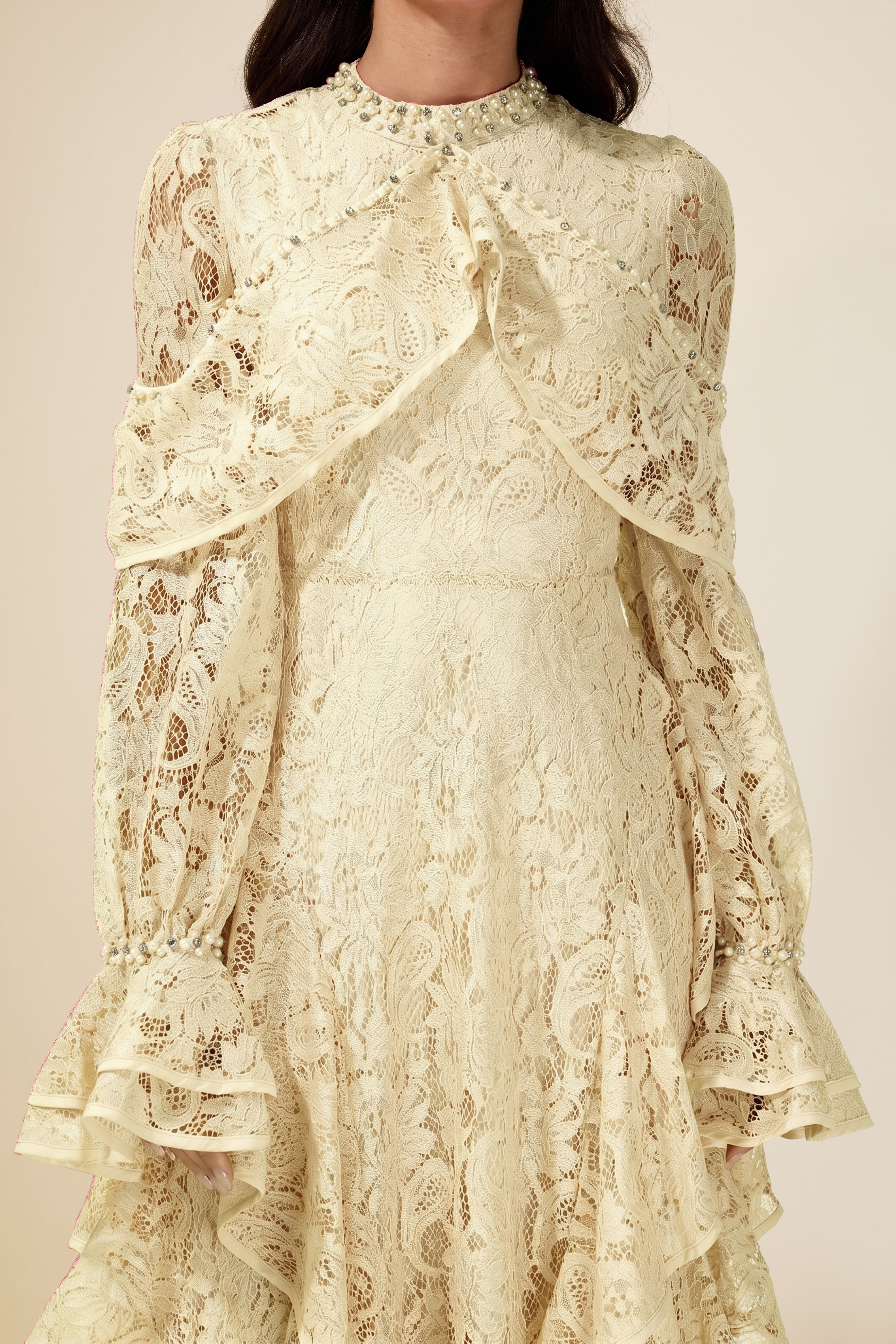 Lace Rhinestone Rivets Ruffle Maxi Dress